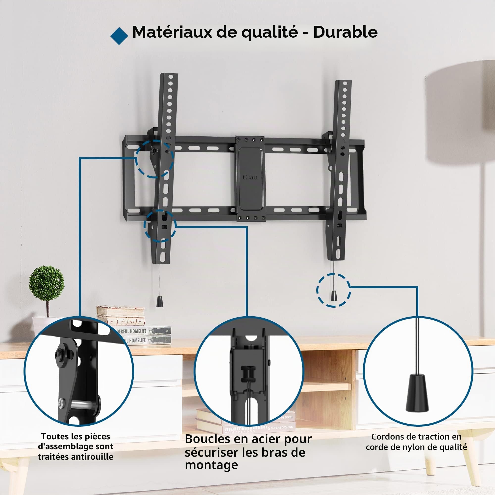 BONTEC Support Mural TV Inclinable pour Téléviseurs LCD, LED, Plasma de 37 à 86 Pouces, VESA 600x400mm, Charge 75 kg, Support TV Mural Fixe avec Niveau à Bulle, Compatible Samsung, TCL