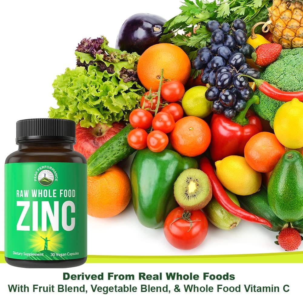 Raw Whole Food Best Vegan Zinc Supplement with Vitamin C. Zinc Supplements  by Peak Performance. High Potency Pure Zinc 30mg Capsules, Pills, Tablets,  ...