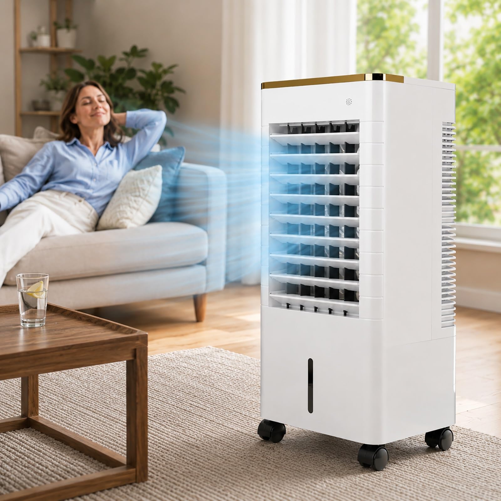 Swamp Cooler with Remote Control, Portable Evaporative Air Cooler with 3 Cooling Levels and Rolling Casters