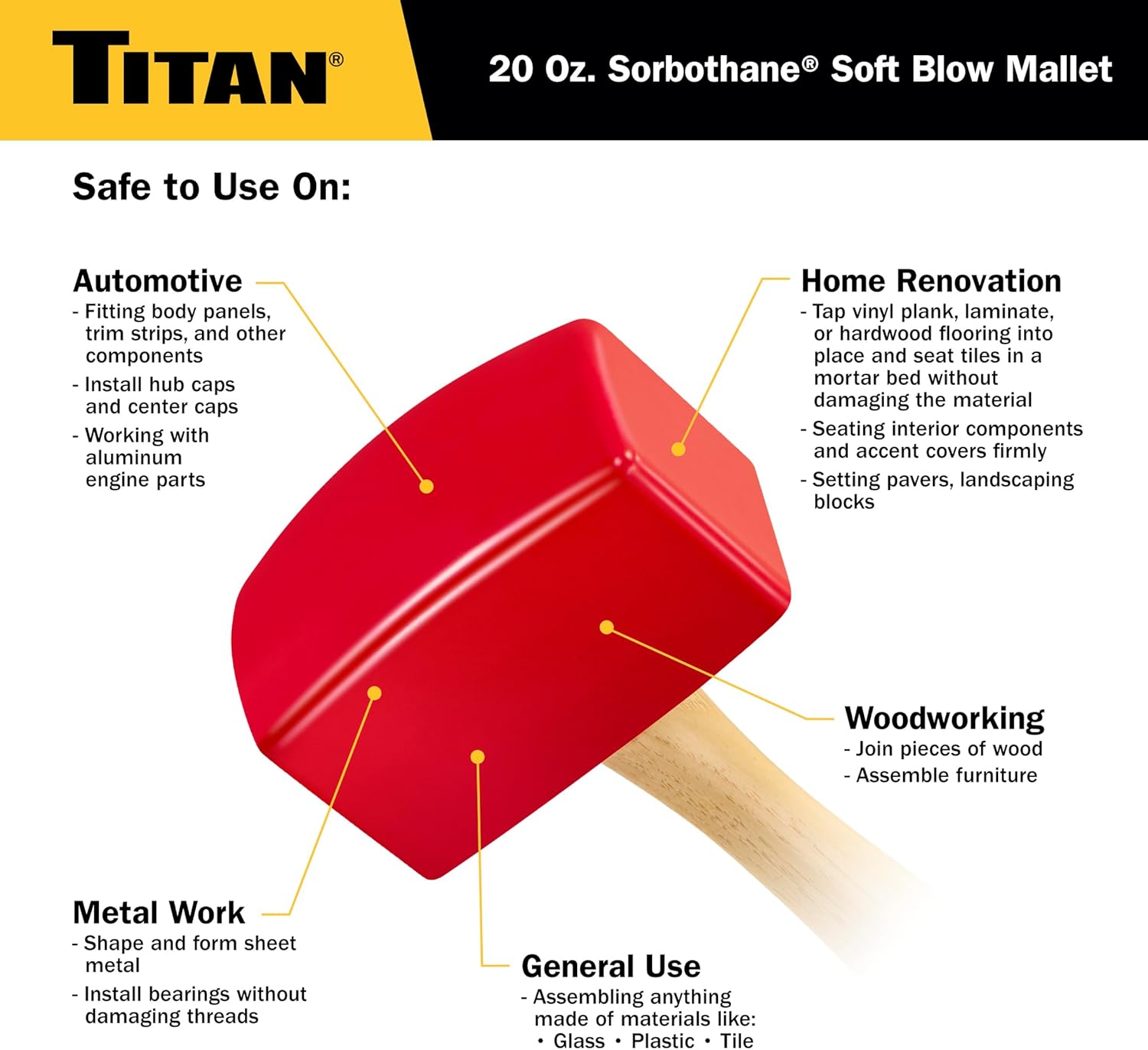Titan 63111 20oz Sorbothane Soft Blow Mallet, Non-marring & Non-sparking Hammer, Safe for Use on Wood, Metal, Vinyl, Tile, Glass, & Plastic - Made in the USA