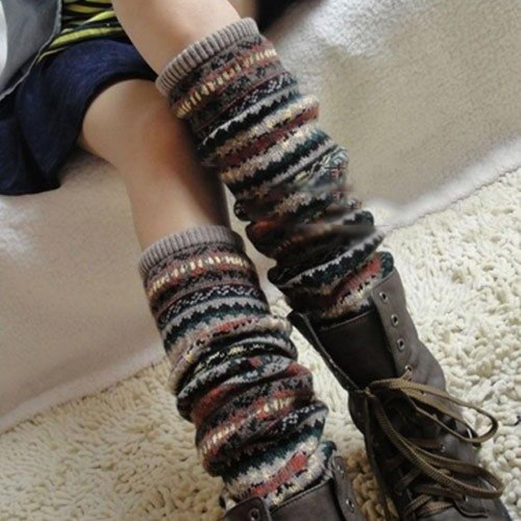 Huayang Women Winter Warm Long Leg Warmers Knit Crochet Socks Legging Stocking(Khaki)