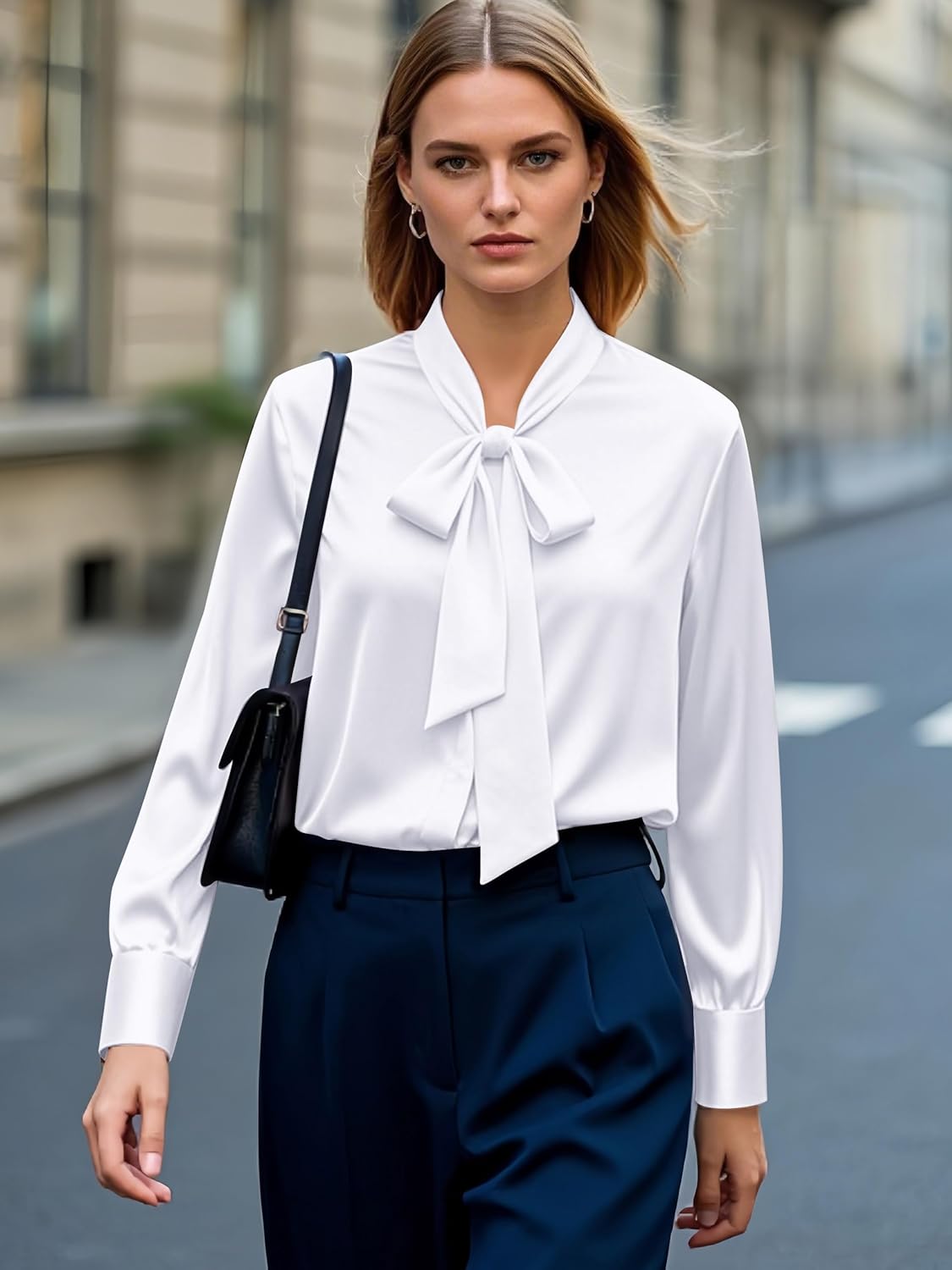 CBOO Women's Bow Tie Neck Button Down Shirts Silk Blouses Long Sleeve Elegant Satin Blouse Casual Dressy Business Tops - Image 3