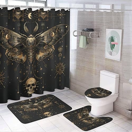 Juego de 4 cortinas de ducha retro de estrella y luna, decoración de baño, cortina de ducha gótica de Halloween, mariposa aterradora con alfombra