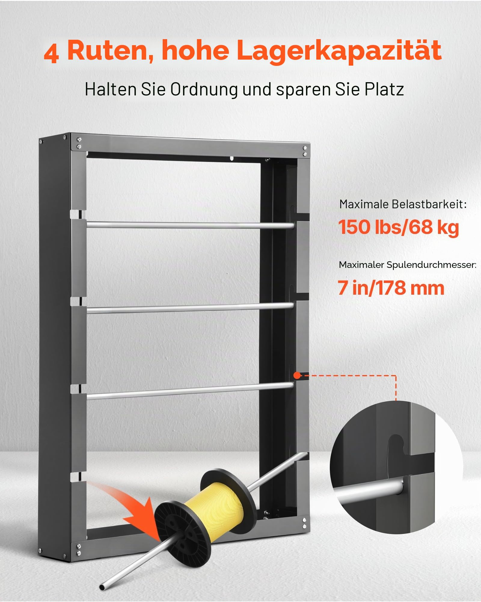 VEVOR Drahtspulenhalter, 4 verstellbare Stangen, Wandmontierter Kabelspulenhalter aus kaltgewalztem Stahl, Kabelaufbewahrungs- & Präsentationsregal, Tragkraft 68 kg, für Verschiedene Bedingungen