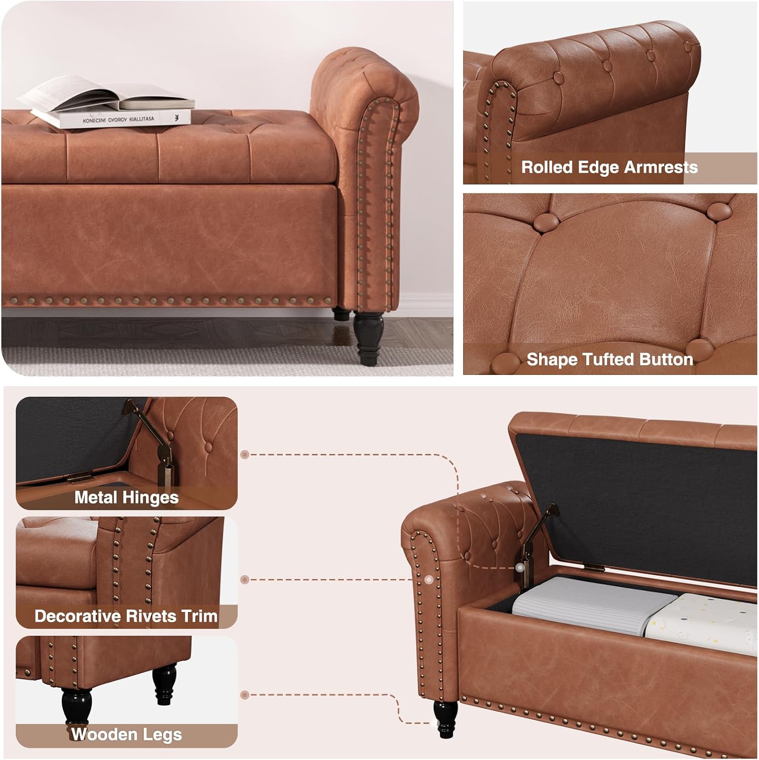 65 Inch Bedroom Bench, End of Bed Bench with Storage, Bed Benches for Foot of Bed, Faux Leather Window Bench with Tufted Button and Nailhead Trim, Upholstered Storage Bench with Rolled Arms, Brown