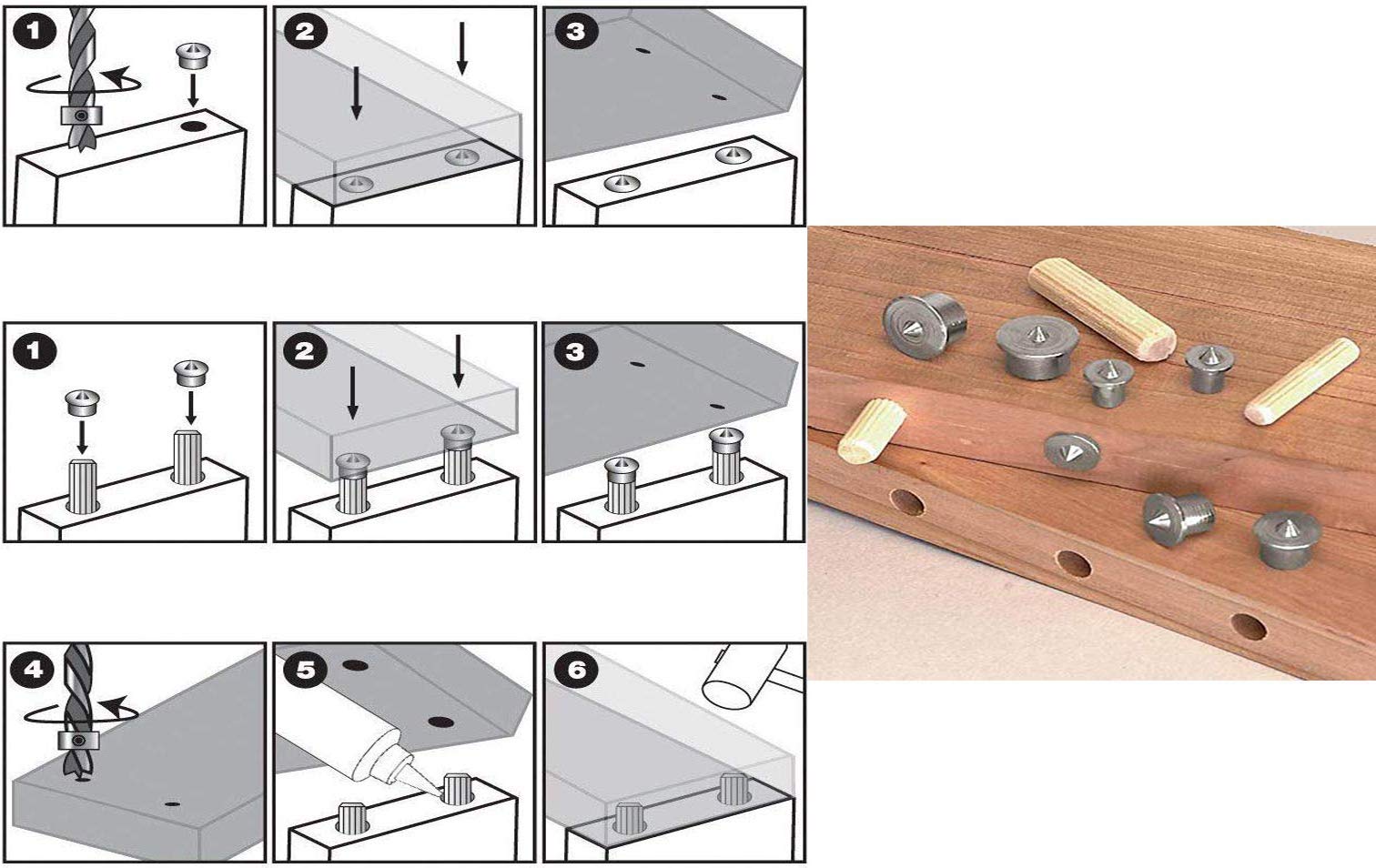 DIY Crafts Pack Of 1x Set, E, 4 Pcs Dowel Drill Centre Points Pin Wood Dowel 6-12 Tenon Cylindrical Portion: 6mm, 8mm, 10mm, 12mm Each Size 1/4, 5/16,(Pack Of 1x Set, E)
