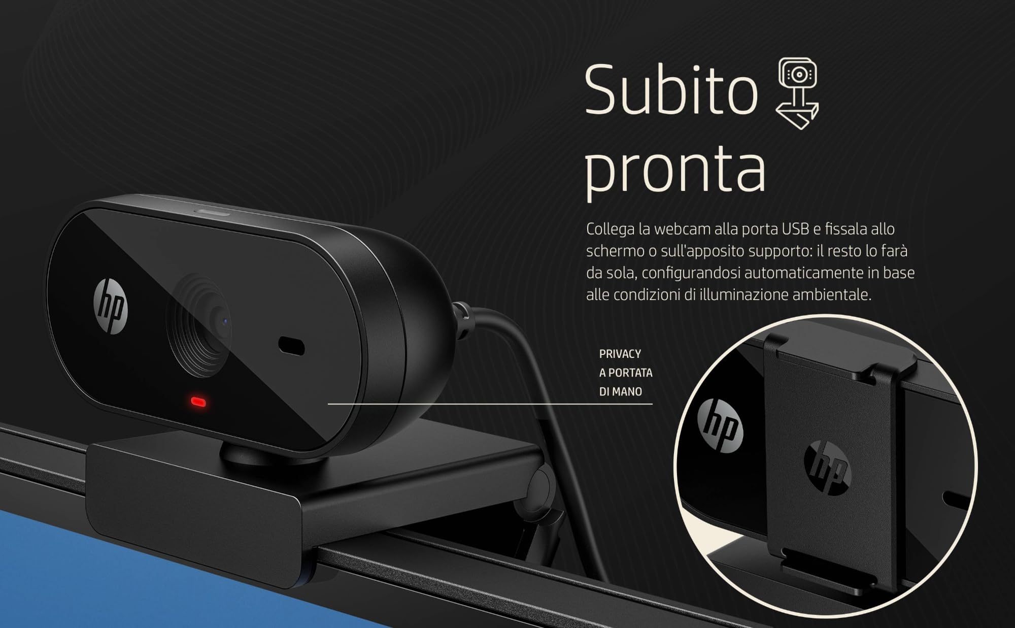 HP 320 Webcam FHD 1080P, USB, Grandangolare, Copriobiettivo, Angolazione regolabile, Correzione Automatica Luminosità, Certificata Works With Chromebook, Chrome OS, Windows 11, macOS, Nera