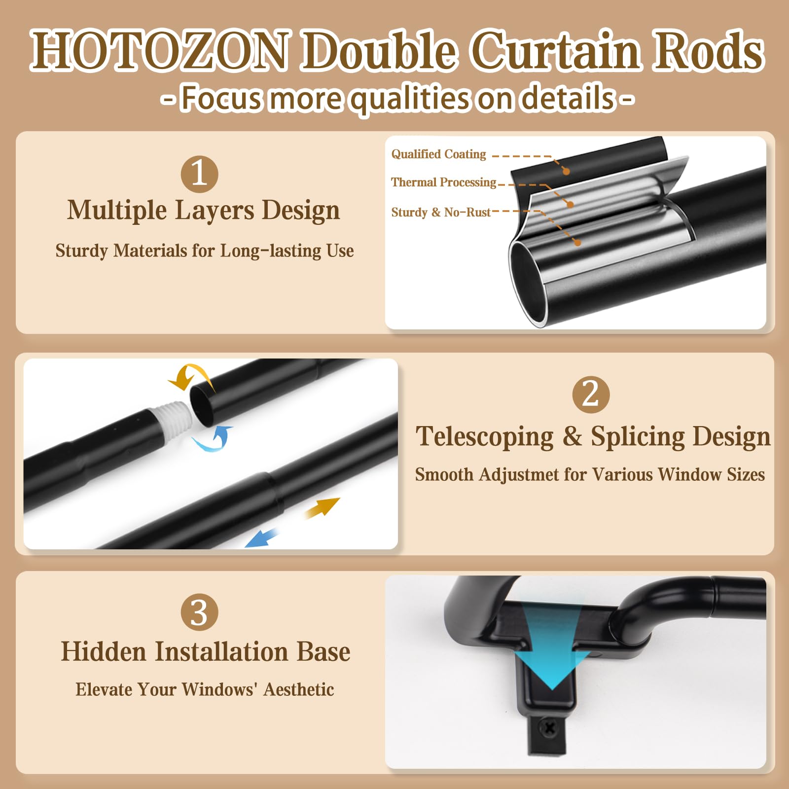 HOTOZON Bastone per tende doppio da 168 a 300 cm, 2,5 cm, resistente asta per tende per finestre, asta telescopica doppia con terminali semplici, nero