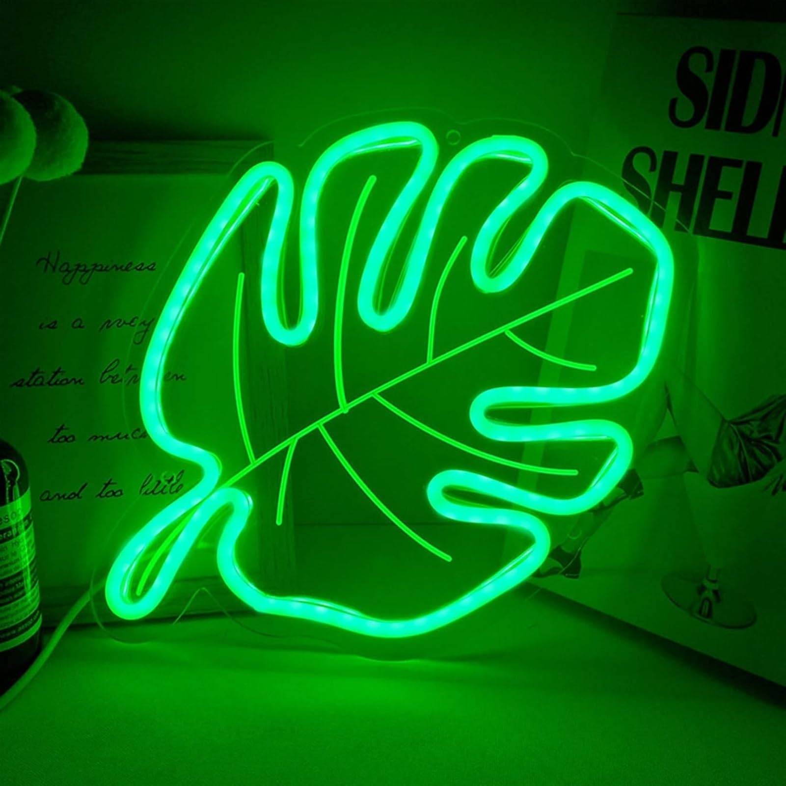 オリジナル　ネオンサイン モンステラ 葉っぱデザイン 緑白ピンク ボックス型 Amazon.co.jp: 緑の葉の形をしたネオンサイン LED ライトサイン 壁装飾