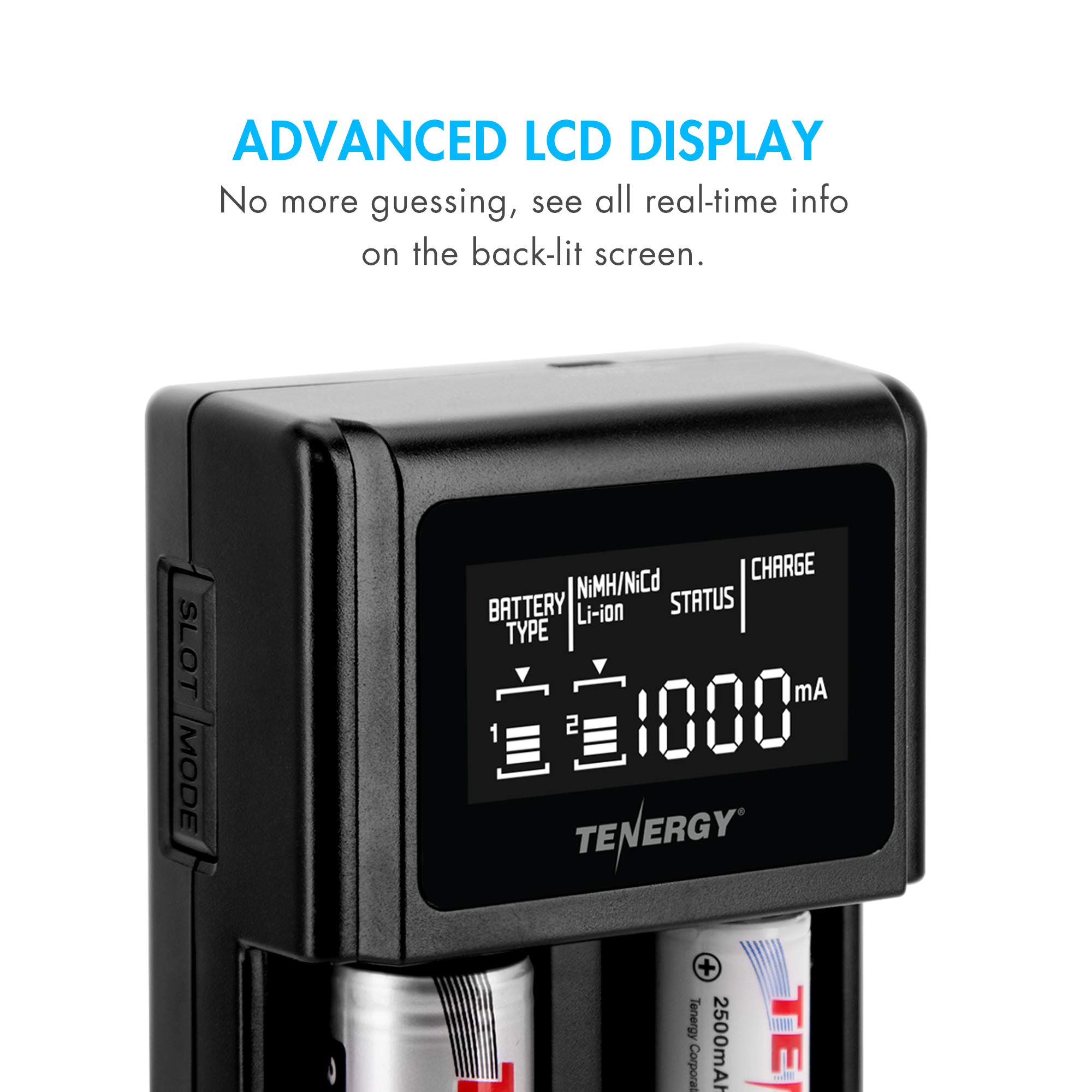 Tenergy TN471U 2-Bay Universal Battery Charger with LCD for Li-ionNiMHNiCD Rechargeable Batteries Micro USB Input Portable Charger for Batteries Sizes 18650 16340 26650 AA AAA and More product thumbnail 4