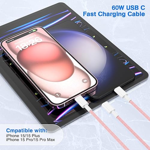 Miniatura 5 de Cable USB C a USB C de 10 pies para iPhone 15, paquete de 2 cargadores tipo C trenzados de 60 W, cable de carga rápida para iPhone 1515 Pro15 Pro
