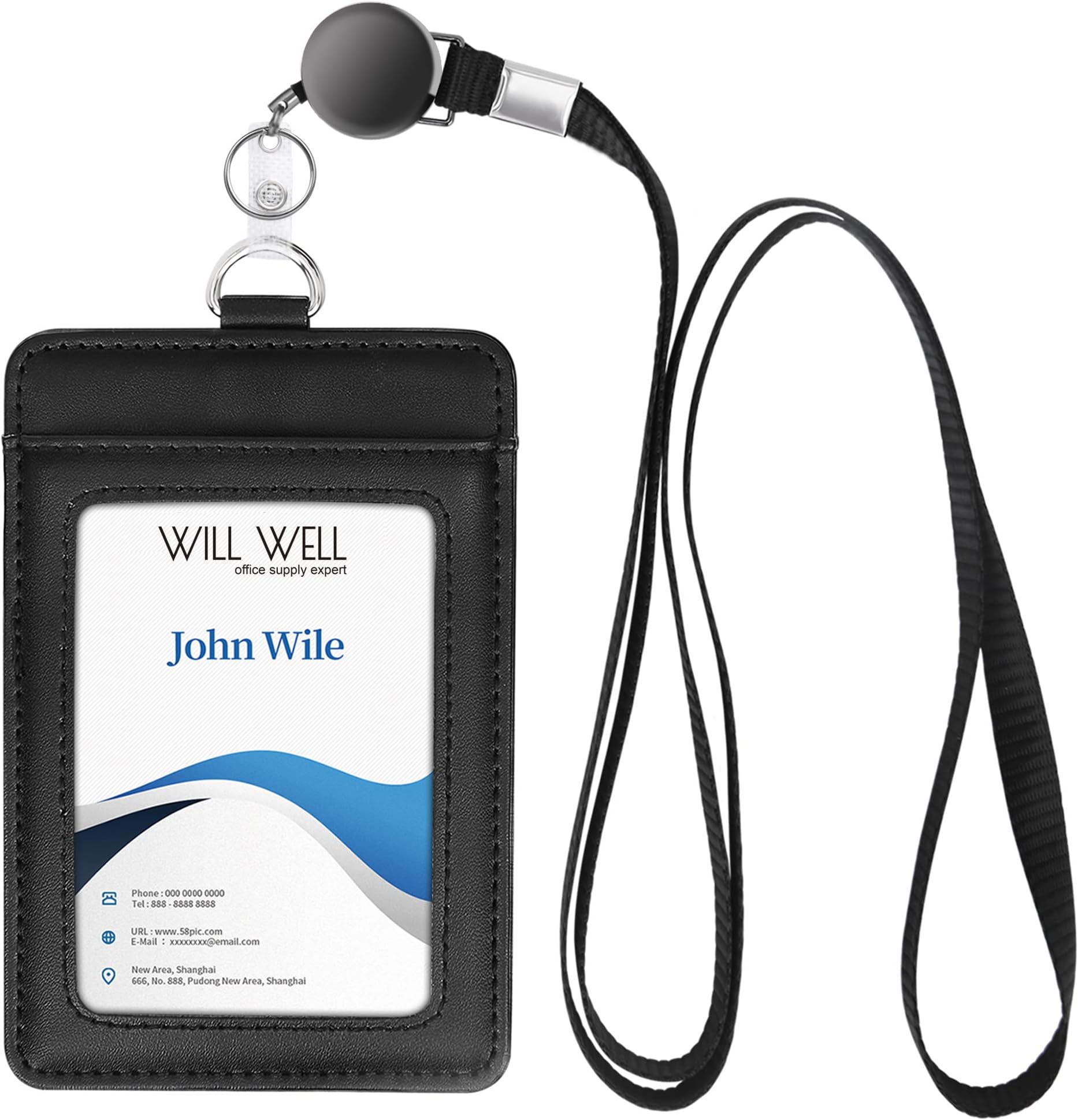 Genuine Leather ID Badge Holder with Retractable Lanyard, Retractable Badge Reel Nylon Lanyard and Vertical ID Card Holder with 1 Card Slot Key Chain for Men Women, Black