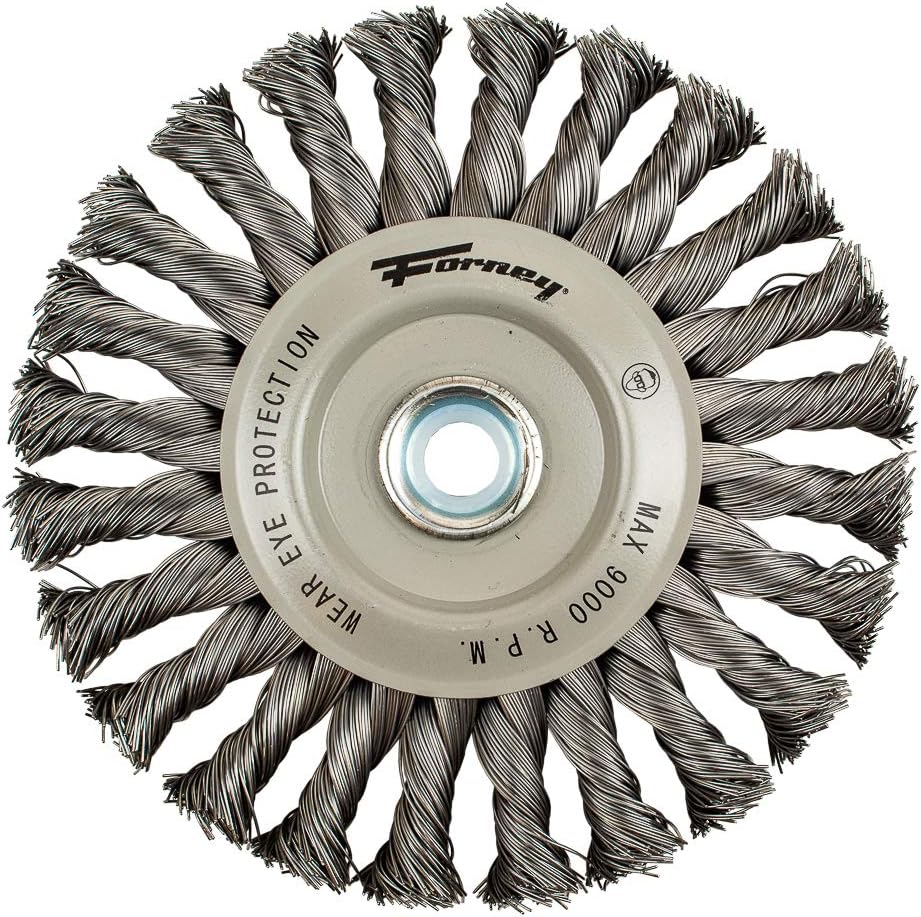 Forney 72840 Wire Wheel Brush, Industrial Pro Twist Knot with 1/2-Inch thru 5/8-Inch Multi Arbor, 6-Inch-by-.020-Inch