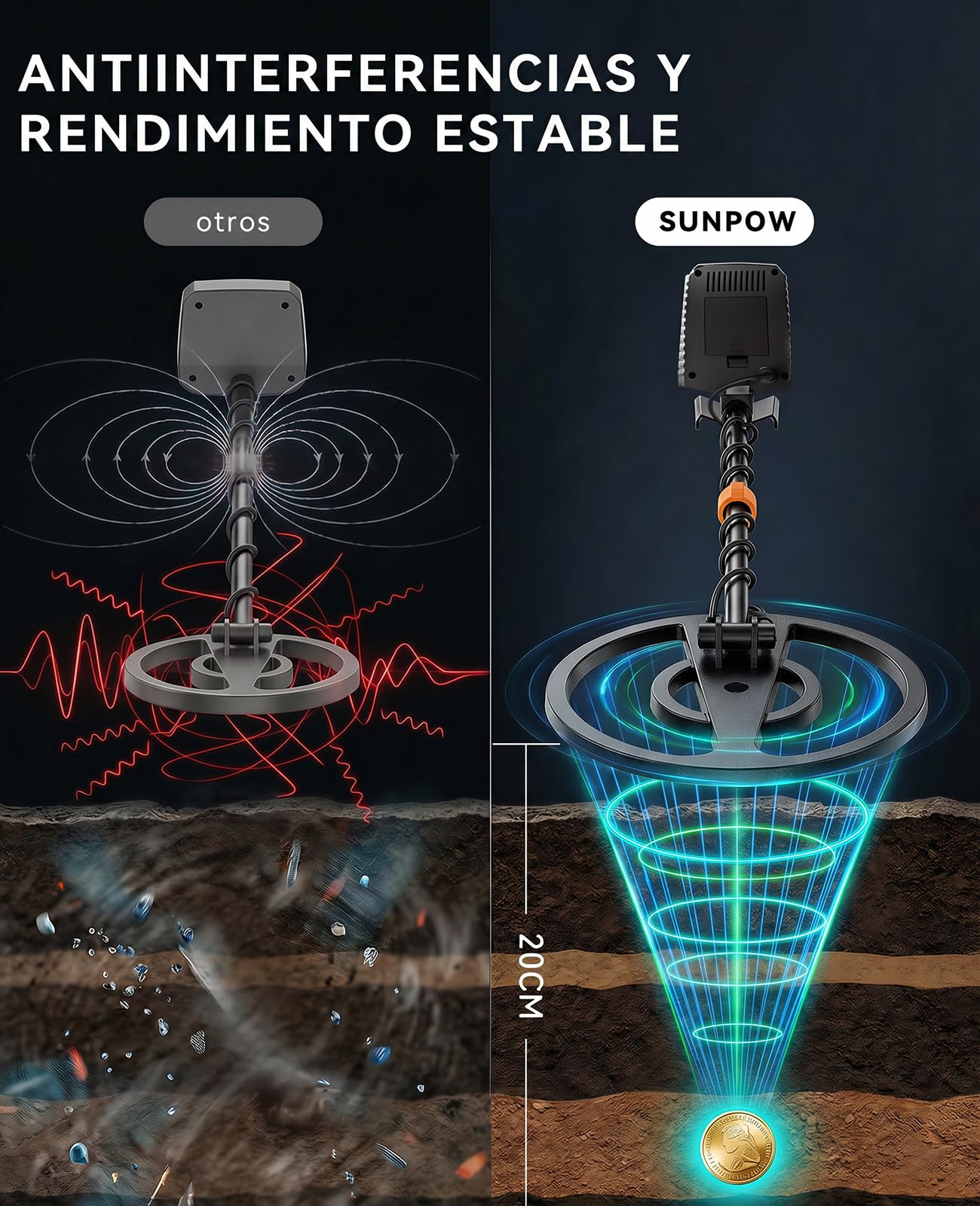 SUNPOW Detector de Metales : Chip Mejorado, Alta Precisión, Potente Cancelación de Interferencias, 4 Modos de Búsqueda (Modo Pinpoint, Modo de Memoria, Modo de All Metal, Modo Notch)