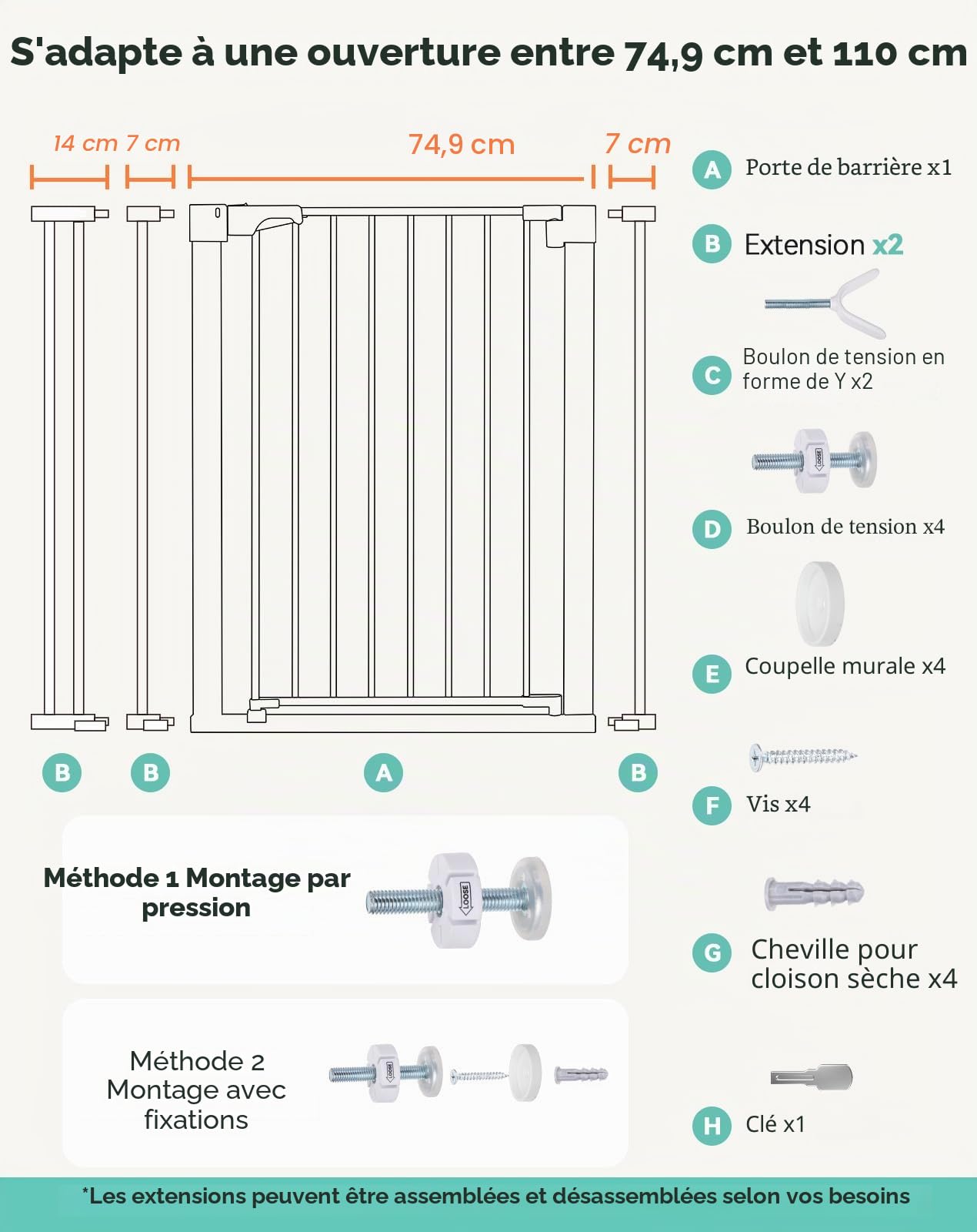 COMOMY Barriere de Securite Enfant Super Haute, 75-110cm Barriere Chien Escalier, sans Percage, Extensible, Fermeture Automatique, Monté sous Pression (Blanc) | Barrière de sécurité robuste à fermeture automatique pour chien, montée par pression, facile à