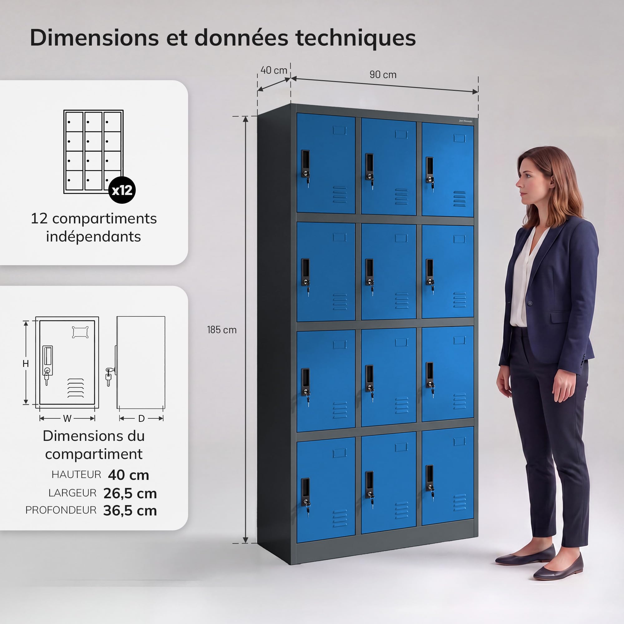 Jan Nowak Armoire à casiers métallique 12 Cases, casier vestiaire collectif verrouillable, Armoire vestiaire Personnel avec Ventilation et Porte étiquette, 185 x 90 x 40 cm