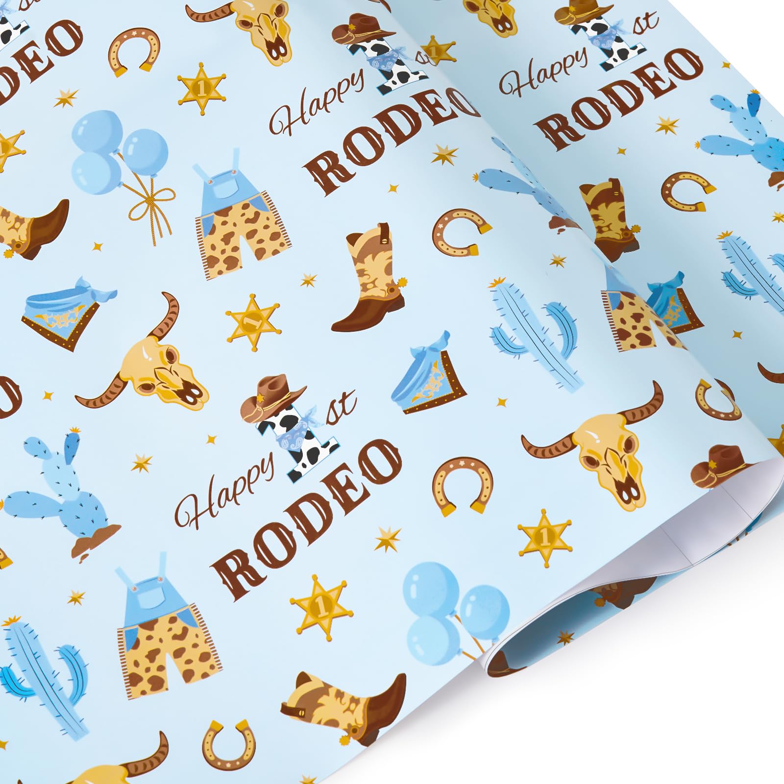 WERNNSAI Geburtstags Geschenkpapier – 6 Blatt Blaues Western Geschenkpapier Geburtstags Deko Junge Kinder Baby Geburt Kaktus Cowboystiefel Geschenk Geburtstagsparty Babyparty Dekoration 50cm x 70cm