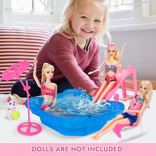 Miniatura 6 de Juego de piscina de muñecas de lujo, piscina Glam para muñecas con tobogán, accesorios para muñecas, paraguas de playa y silla, adecuado para