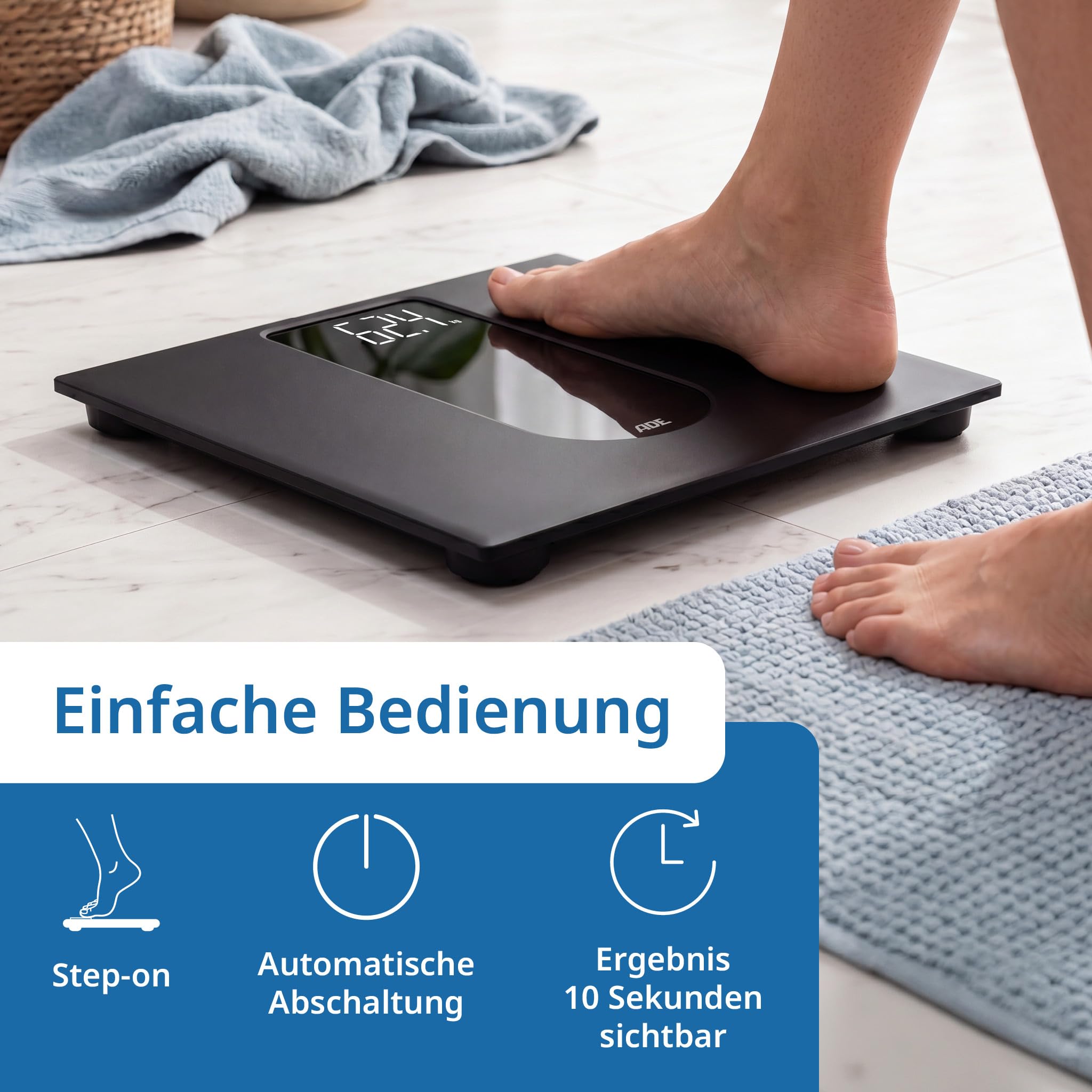 ADE Digitale Personenwaage mit großem LED-Display | rutschfeste Wiegefläche aus Sicherheitsglas | genaues Wiegeergebnis in 100-g-Schritten | elegante schwarz matte Oberfläche | bis 180 kg