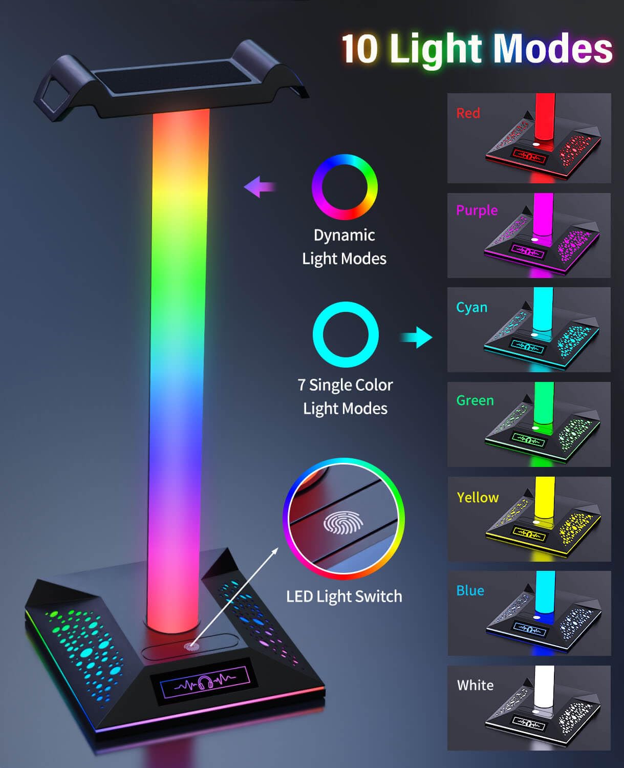 RGB Gaming Headset Ständer, LED Headset Halter mit 3 Ladeanschlüssen (2 USB & 1 Type-C) & 10 Beleuchtungsmodi, Kopfhörerständer Cool Stuff für Jungen, Schreibtisch PC Gaming Zubehör Geschenke für