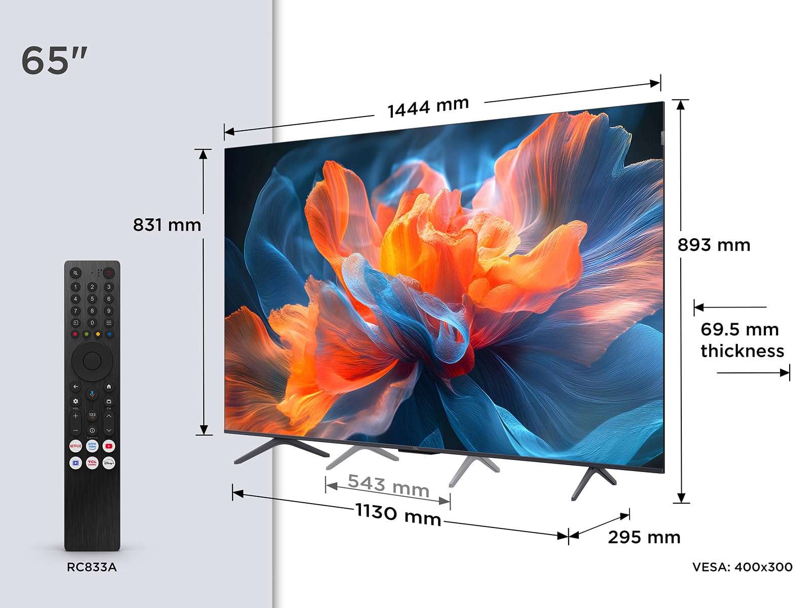 TCL 65T8C 65 Zoll QLED 4K HDR UHD Fernseher, Smart Google TV Dolby Vision & Atmos, 144Hz Motion Clarity Pro, Game Bar, ALLM, FreeSync, Onkyo 2.1 Sound, Sprachsteuerung, Kompatibel mit Google Assistant