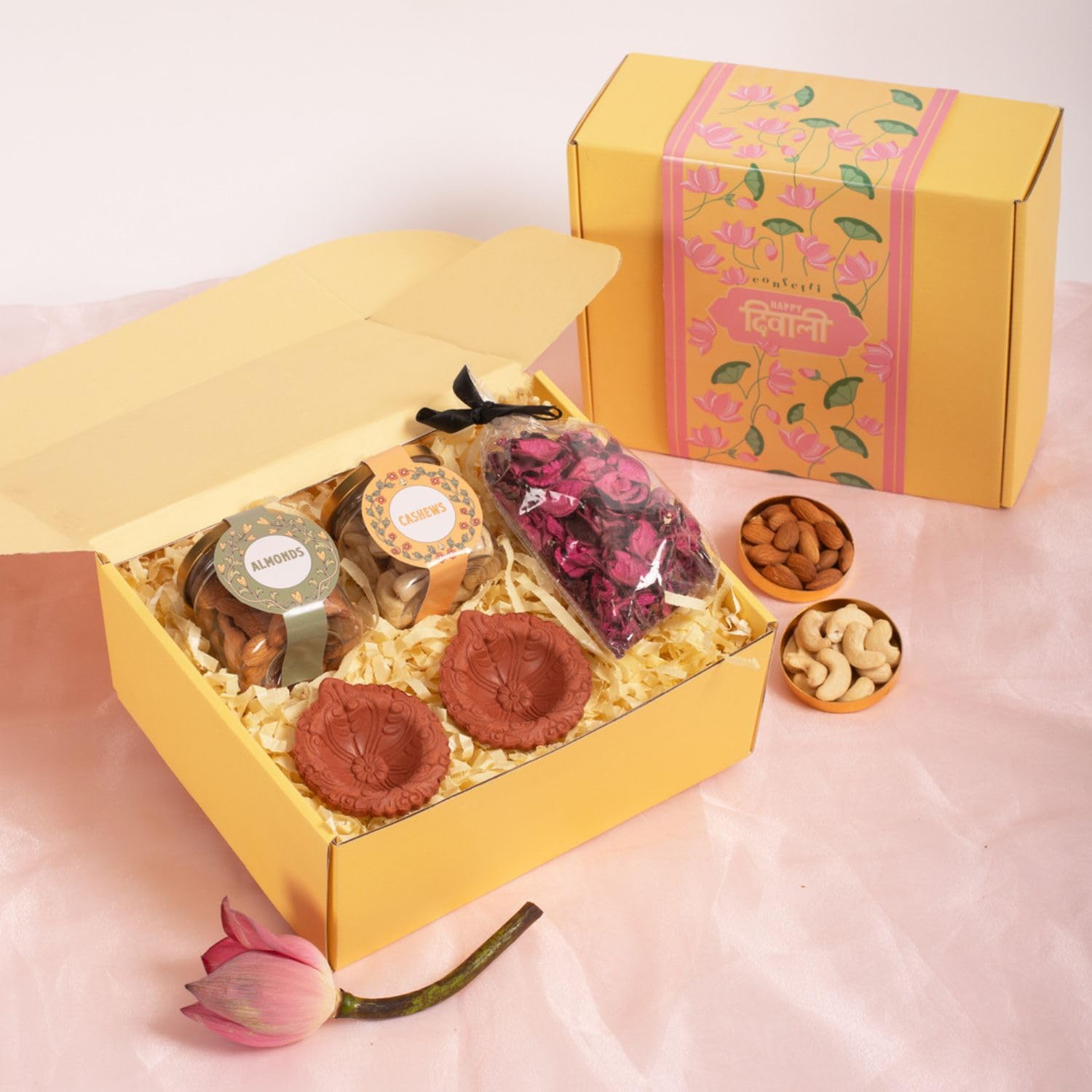Confetti Gifts Diwali Gift Hamper | Pack of 5 Gifts- Almonds, Cashews, Potpourri, Set of 2 Diya, Greeting Card | Diwali Dry Fruits Gift Pack | Diwali Gift for Family and Friends | Gifts for Employees (B0DHSNQKBM) Amazon Price History, Amazon Price Tracker