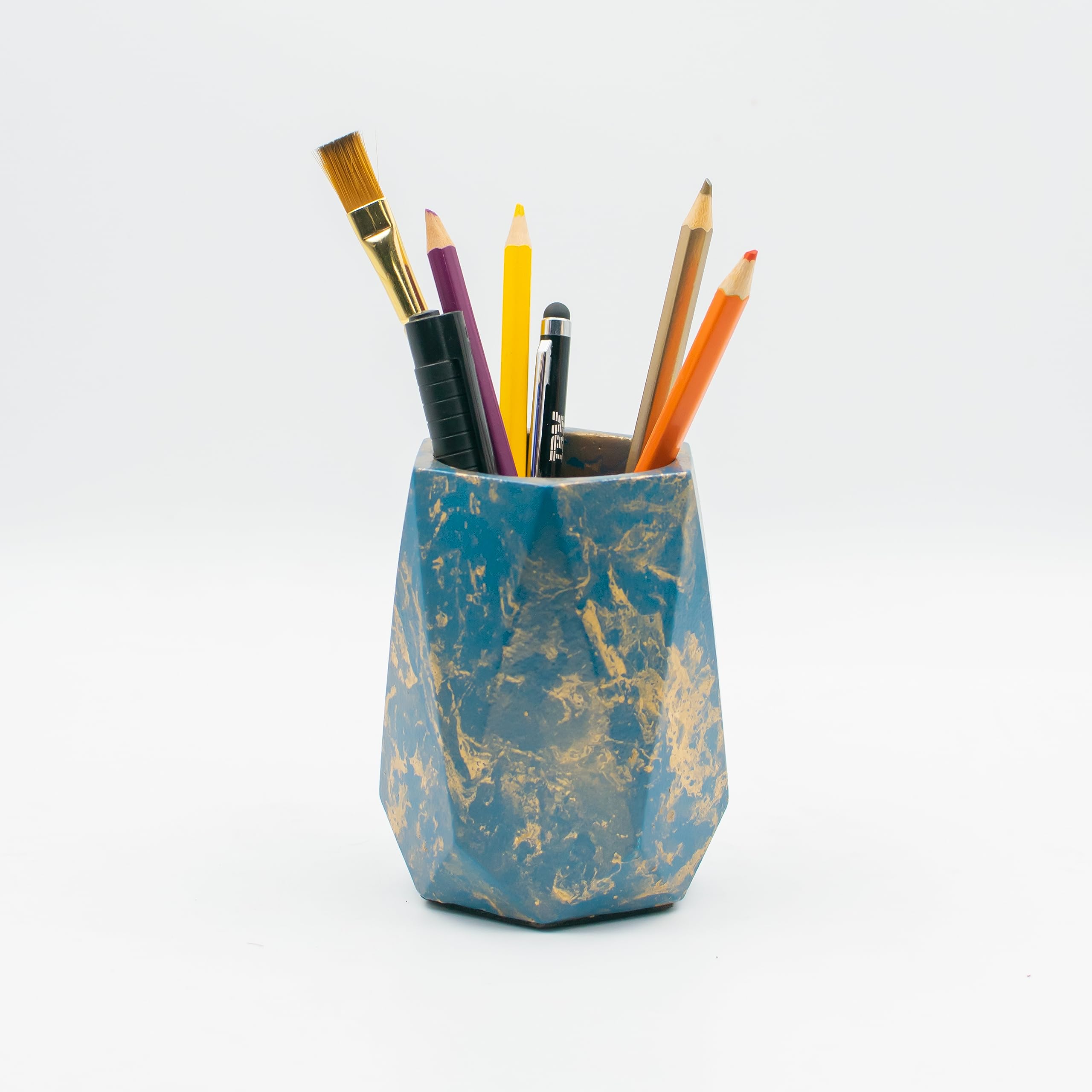 Dwell dapper | Hexagonal Pen Holder | Made Of Concrete | Hand Crafted | Multi Purpose Desktop Organiser, Toothbrush Holder, Makeup Brush Holder, Remote Holder (Cyan With Golden Texture)