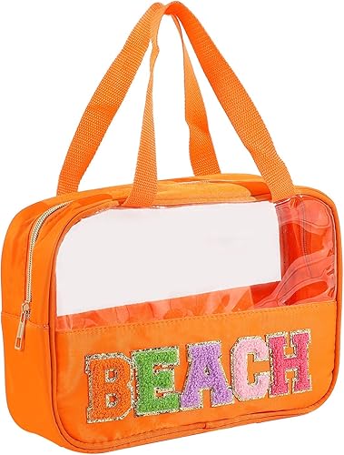 Bolsa transparente de felpilla con parches de letras, bolsa de maquillaje transparente de PVC y nailon multiusos con asas, bolsa grande de