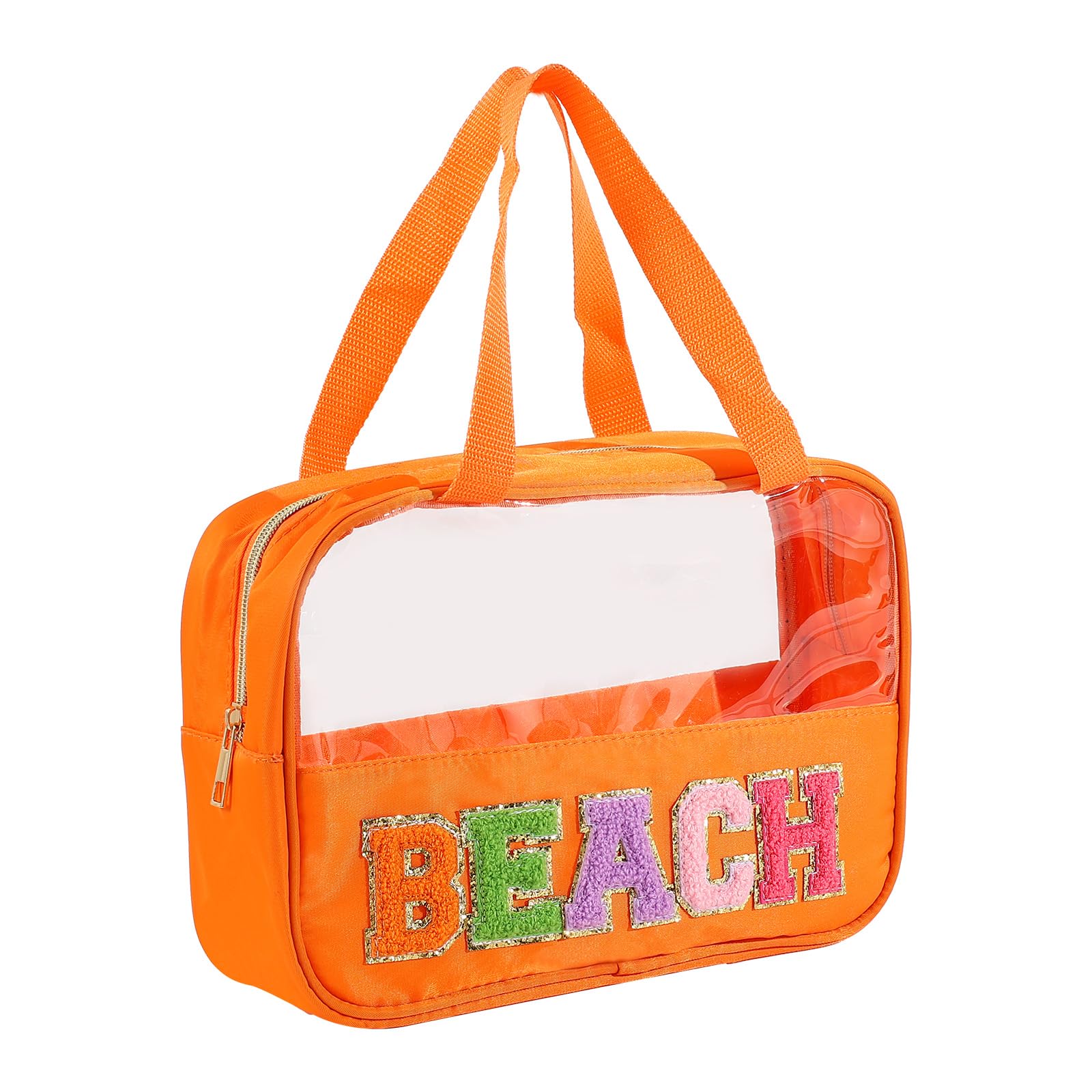 Chenille Letter Patch Clear Bag,Preppy Multi-purpose PVC&Nylon Clear Makeup Bag with Handles,Large Travel Makeup Toiletry Storage Zipper Pouch, Tote