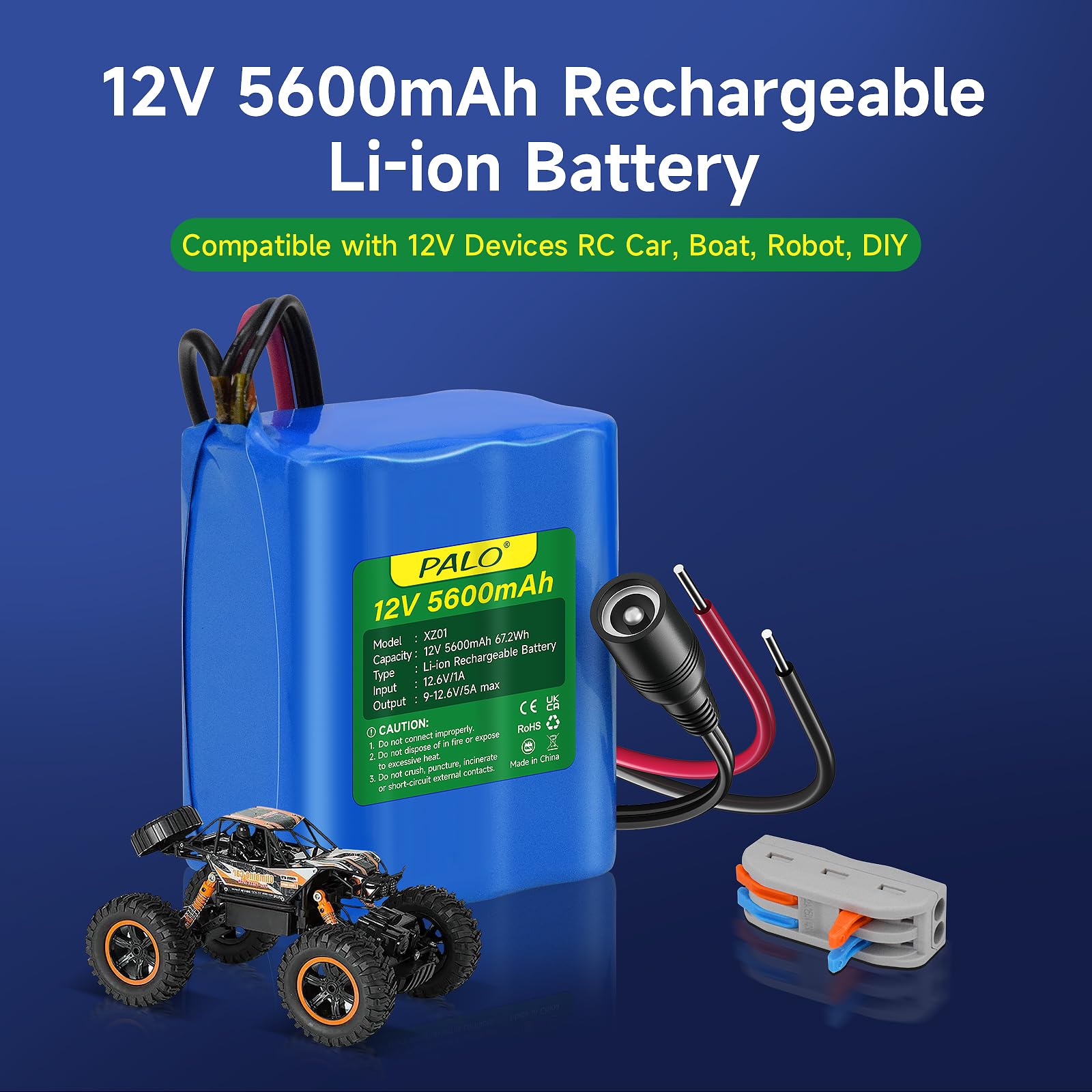 Batterie Lithium-ION 12 V 5600 mAh avec Chargeur et Ligne de Connexion pour Radio, appareils Photo, caméscopes, Orgue électronique, Lampe de Lecture DIY, télescopes, Sonar, Outil de Signal