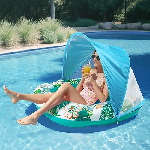 Miniatura 5 de WERNNSAI Flotador de piscina con dosel  Silla inflable de piscina con portavasos para adultos, hamaca de agua flotante para piscina, tumbona,