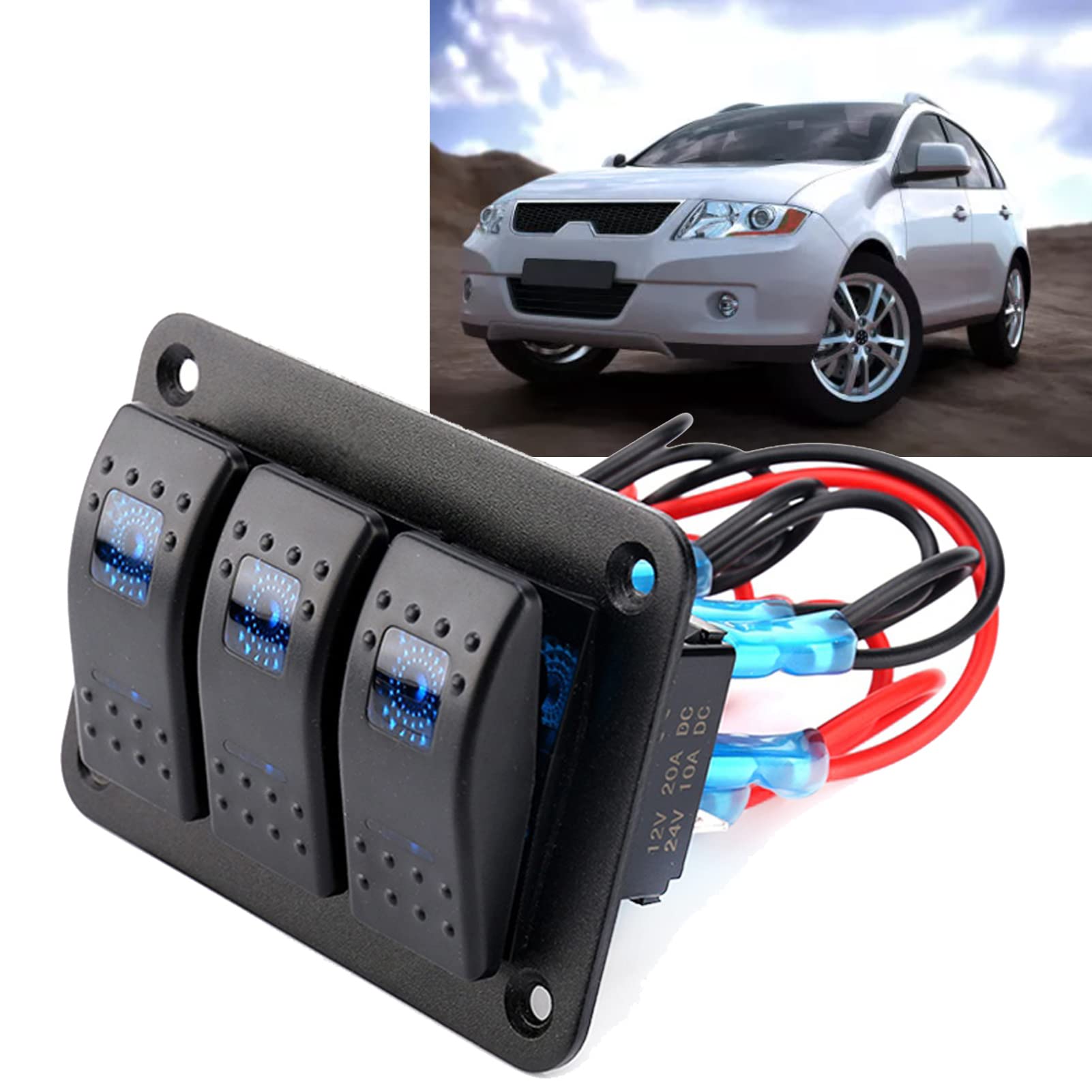 SIXRUN 3-fach Kippschalter-Panel mit LED-Beleuchtung, wasserdichtes ABS-Gehäuse für 12 V / 24 V Fahrzeugstrom, geeignet für Auto, Boot und Wohnmobil – Schaltpanel für elektrische Steuerung & Bordnetz