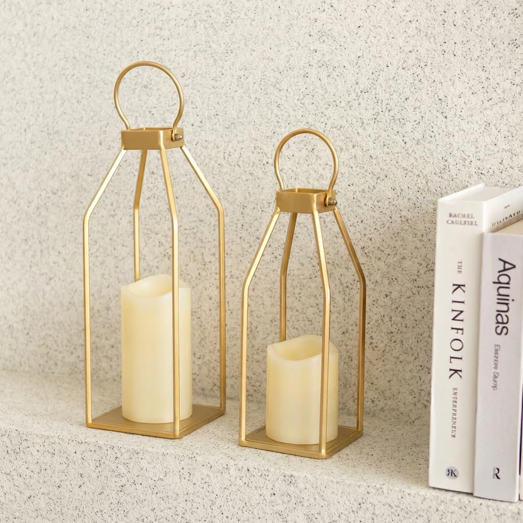 Perfnique Nowoczesna dekoracja latarni wiejskiej, 38 cm, zestaw 2 metalowych lampionów, 2 diody LED, 6 godzin, migoczące świece bezpłomieniowe, lampiony, dekoracyjne do dekoracji na zewnątrz, do domu,