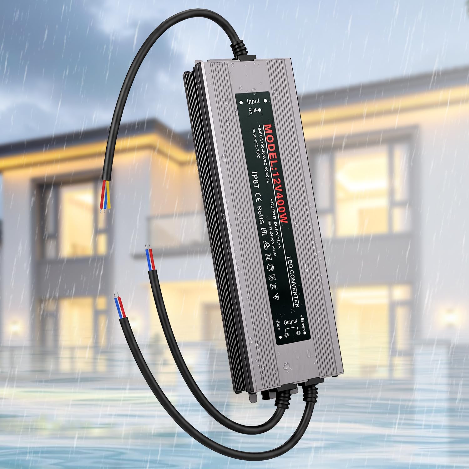 Trasformatore LED da 12 V, 400 W, IP67, impermeabile, senza sfarfallio, alimentatore di rete LED AC 190-265 V 50/60 Hz con 2 uscite, DC 12 V 33,3 A, trasformatore di tensione per strisce LED e strisce