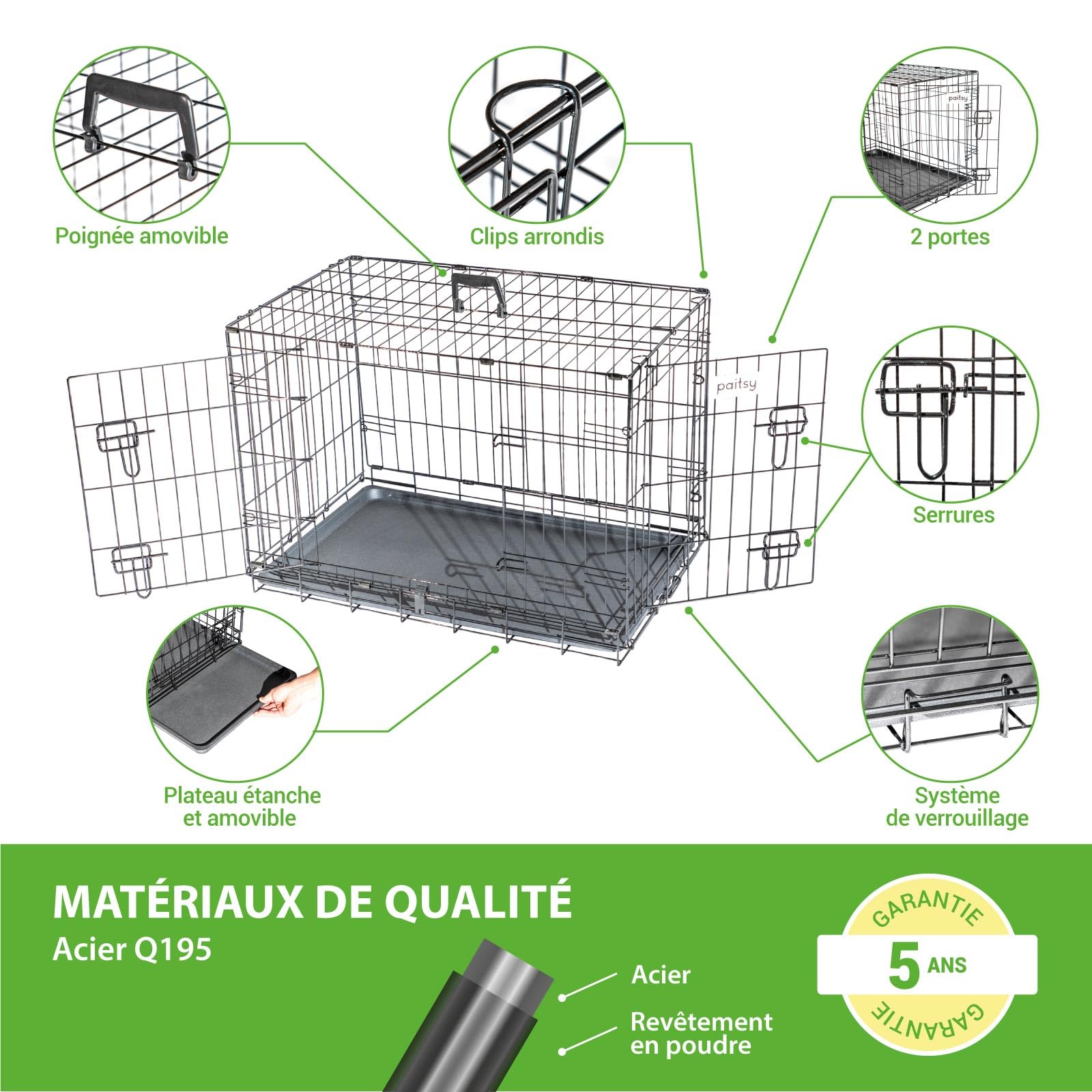 Cage pour Chien FortressooM, Caisse de Transport pour Chien et Chiot 75x47x54cm, Pliable, 2 Portes, Plateau Amovible, Utilisation Interieur Paitsy