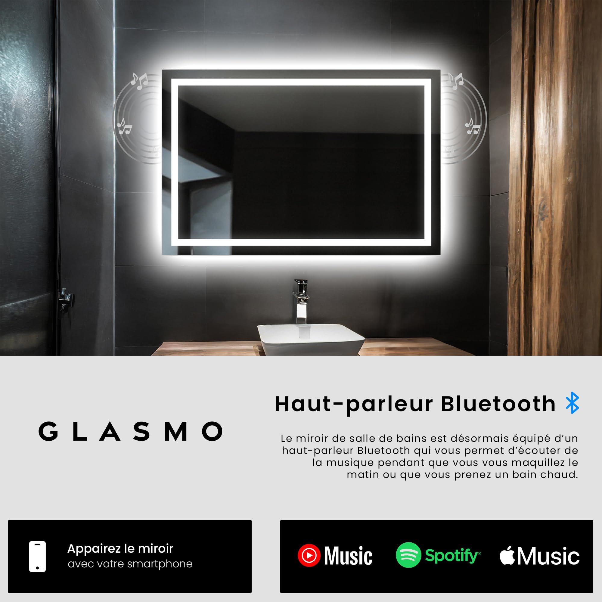 Miroir Salle De Bain LED Sur Mesure FORAM Glasmo Bella – 96 Tailles, éclairage Intégré, Options Haut-parleur Et Miroir Maquillage