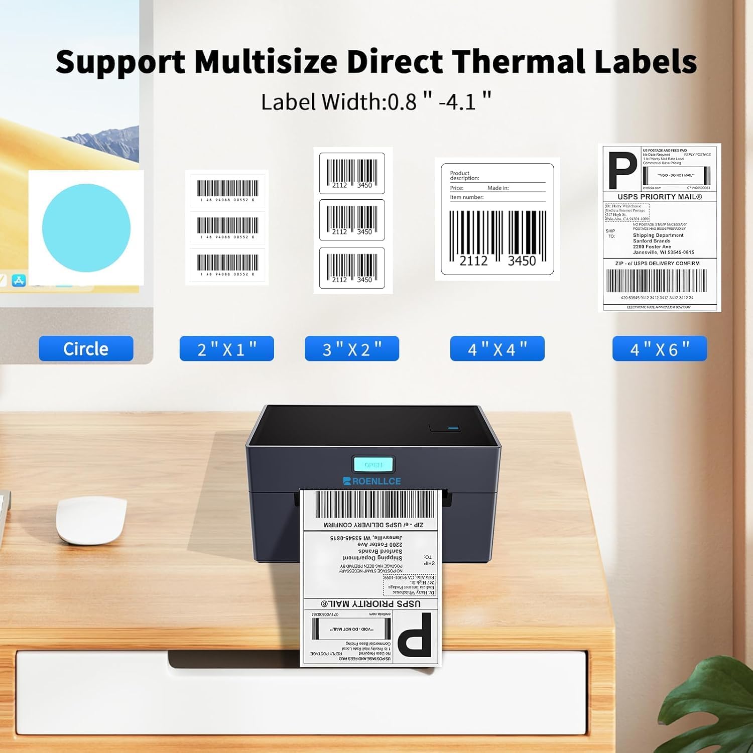 Thermal Shipping Label Printer, 4x6 Bluetooth Shipping Printer for Small Business, Compatible with Windows, Mac, iOS, Android, for Amazon, Ebay, Shopify, UPS, USPS, FedEx