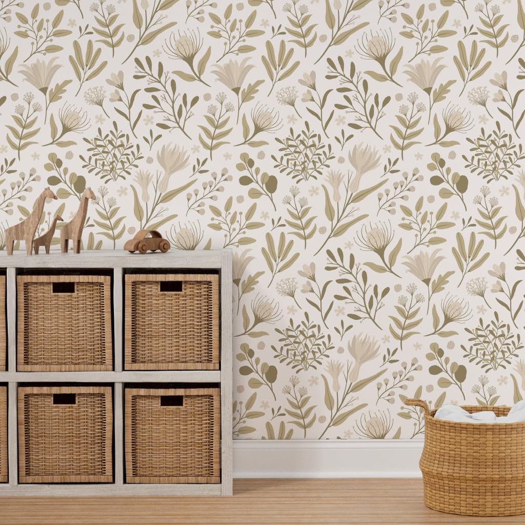 Spoonflower Removable Wallpaper 3ft x 2ft - Blooms Cream Green Flowers Floral Tan Neutral Custom Pre-Pasted Wallpaper
