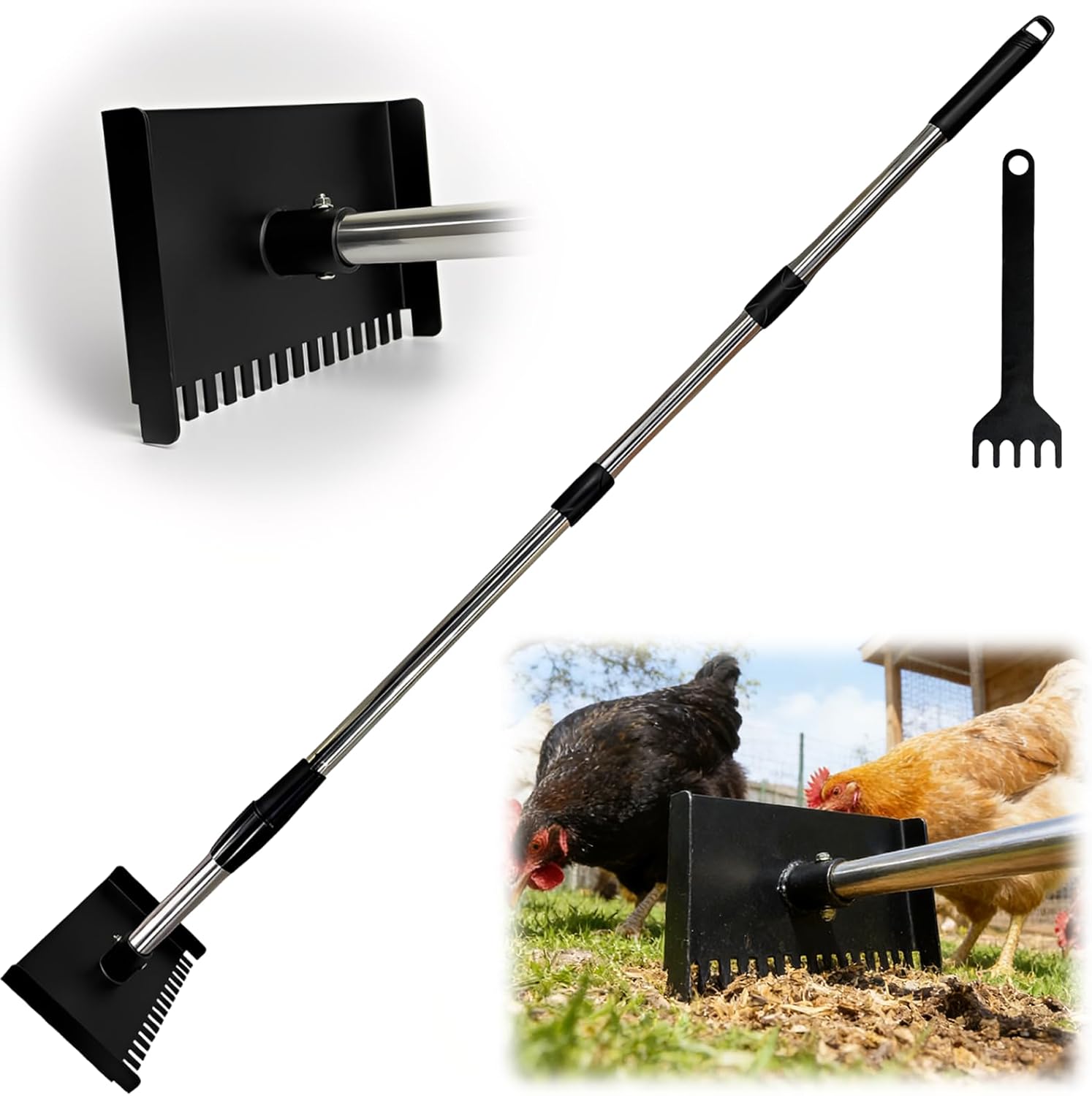 Chicken Coop Droppings Board Scraper Tool with Hand Scraper 68.5" Long Handle Chicken Coop Poop Scoop with Telescopic Pole, Dual-Sided Iron Rake & Flat Scraper, Essential Poultry Accessories