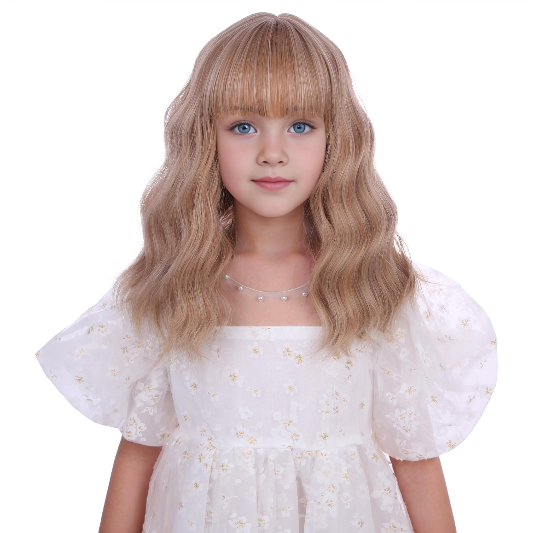 Edivd Kids Mixed Blonde Wig Child Short Gold Blonde Wig with Air Bangs Girls Blonde Wavy Curly Wig Heat Resistant Synthetic Wig with Wig Cap