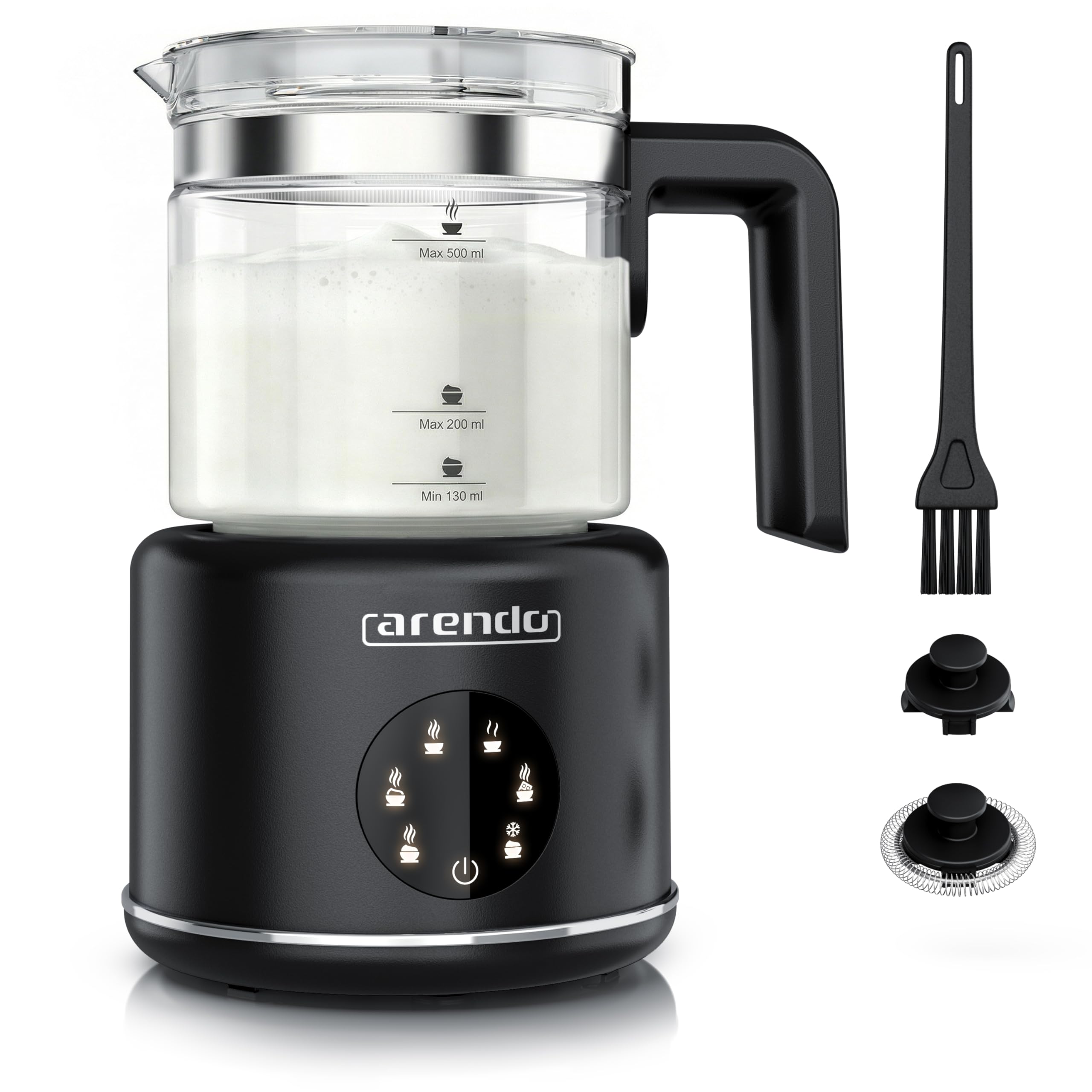 Arendo – Milchaufschäumer elektrisch – 500 ml – 6 Automatikprogramme – Milchschaum für heiß und kalt – 2 Einsätze – Milchschäumer für Cappuccino Latte Macchiato heiße Schokolade