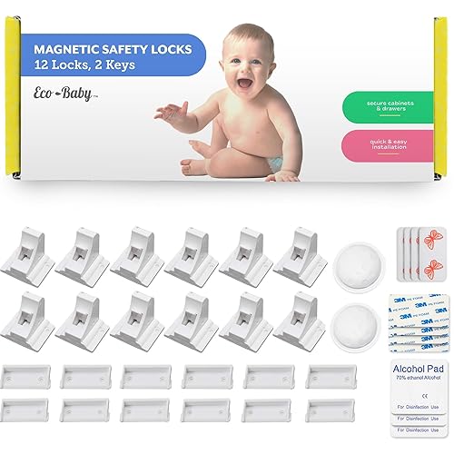 Cerraduras de Seguridad Magnéticas para armarios y cajones para la seguridad de bebés y niños set de 12 con 2 teclas por Eco-Baby sistema de cierre
