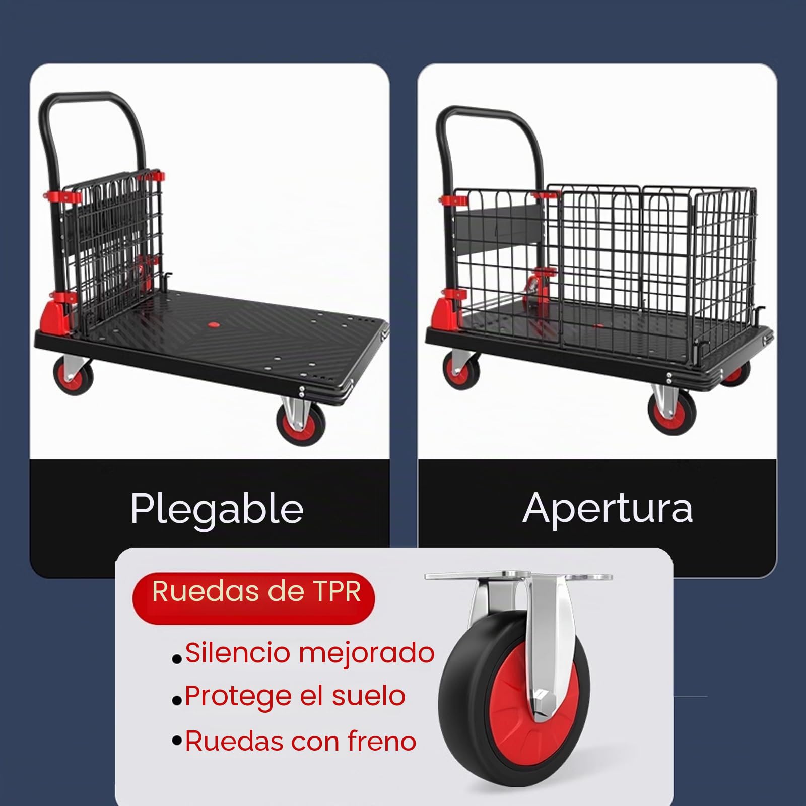 Carro de Plataforma con Jaula,carrito de Jaula Plegable Multifuncional, Ruedas Giratorias con Freno de 5", Carro de Empuje para Comestibles, Lavandería, Estanterías, Despensa(90x60cm/35x24in)