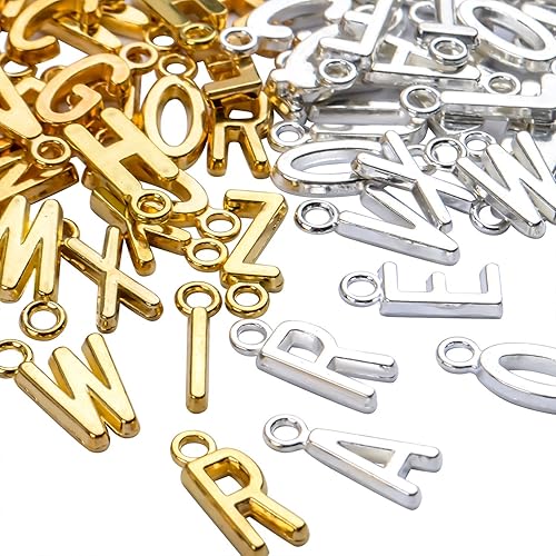 Miniatura 4 de Dijes de letras a granel, 104 piezas de la A a la Z, colgantes del alfabeto, dijes para collares, pulseras, joyas, manualidades, oro y plata, Plata