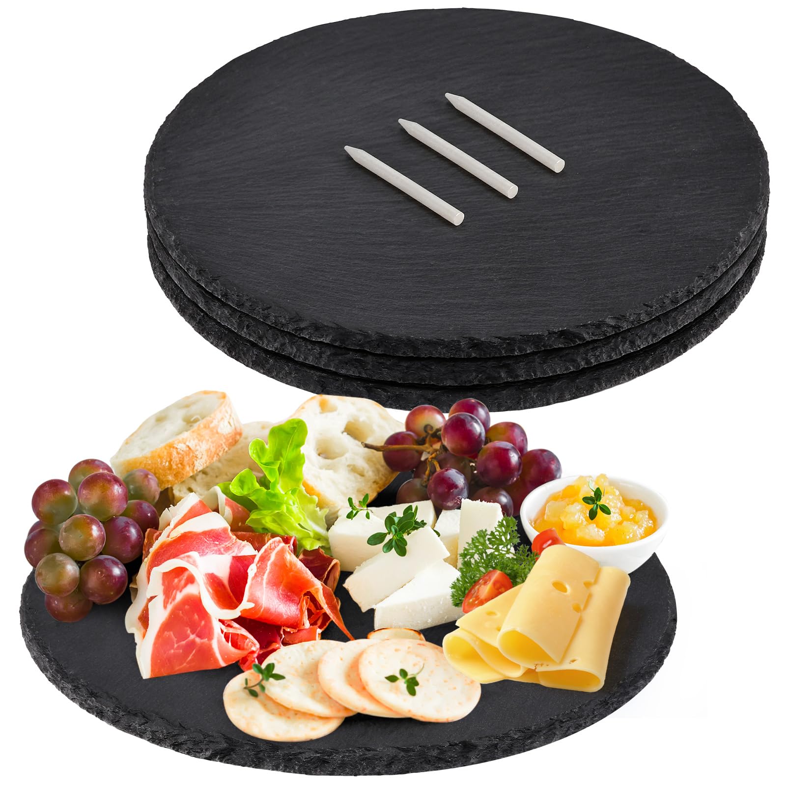 11 x 11 In 4 Pack Slate Cheese Boards, Round Black Stone Plates Charcuterie Boards Serving Tray Slate Platter for Halloween Christmas, Party, Gifts