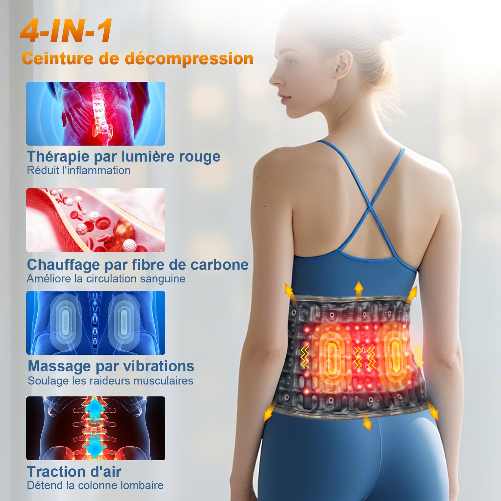 HONGJING Ceinture de décompression dorsale avec chauffage et massage pour un soulagement instantané des douleurs dorsales - Ceinture de soutien dorsal gonflable, taille unique pour les tailles 29-49