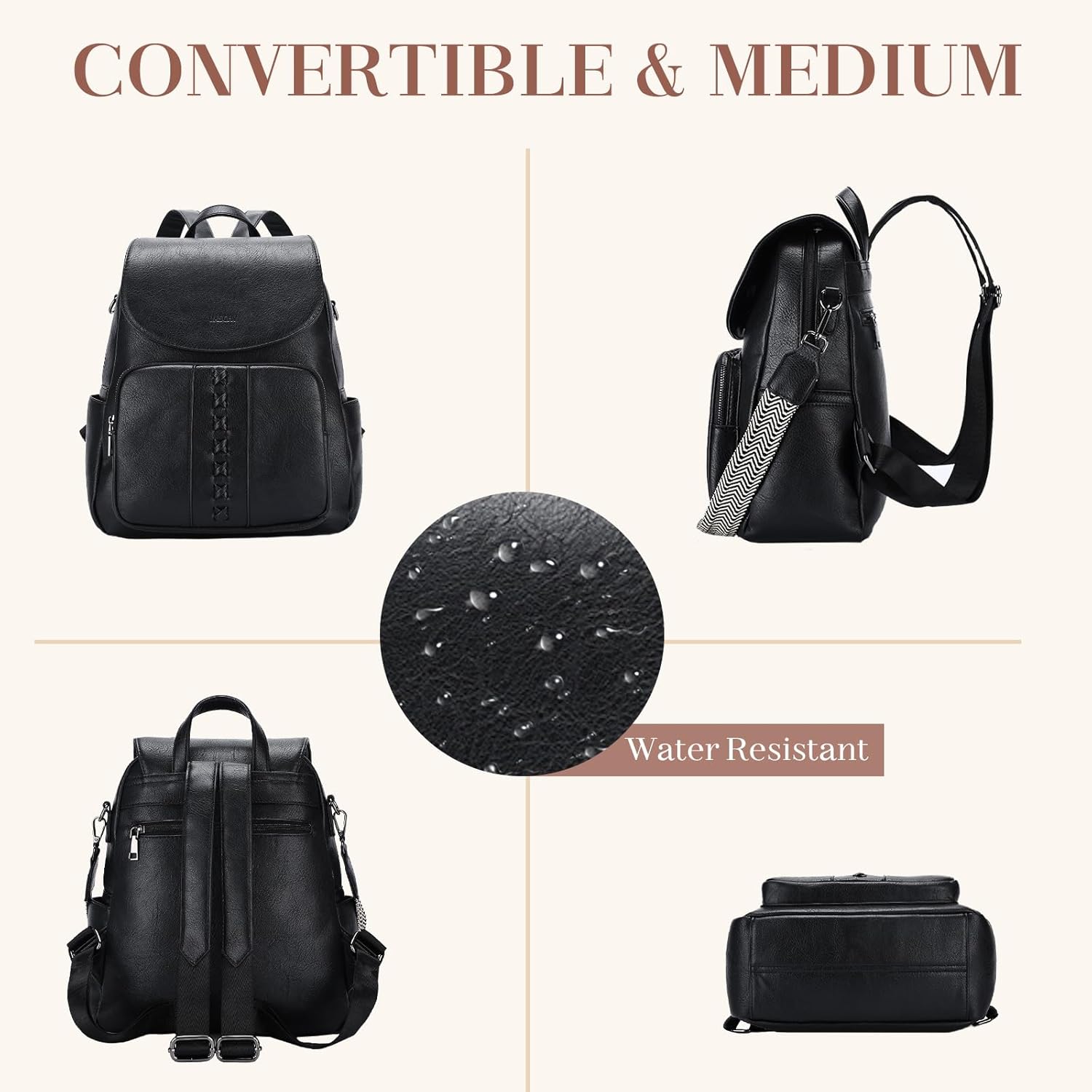 VASCHY Backpack Purse for Women, Fashion Cute Vegan Leather Flap Backpack Convertible Handbag for Ladies with Guitar Strap Black - Image 6