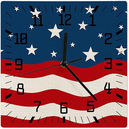 4th of July Wooden Wall Clock Silent Non Ticking, Wave American Flag Star Independence Day Square Wall Clock Battery Operated, Decor Clock for Home