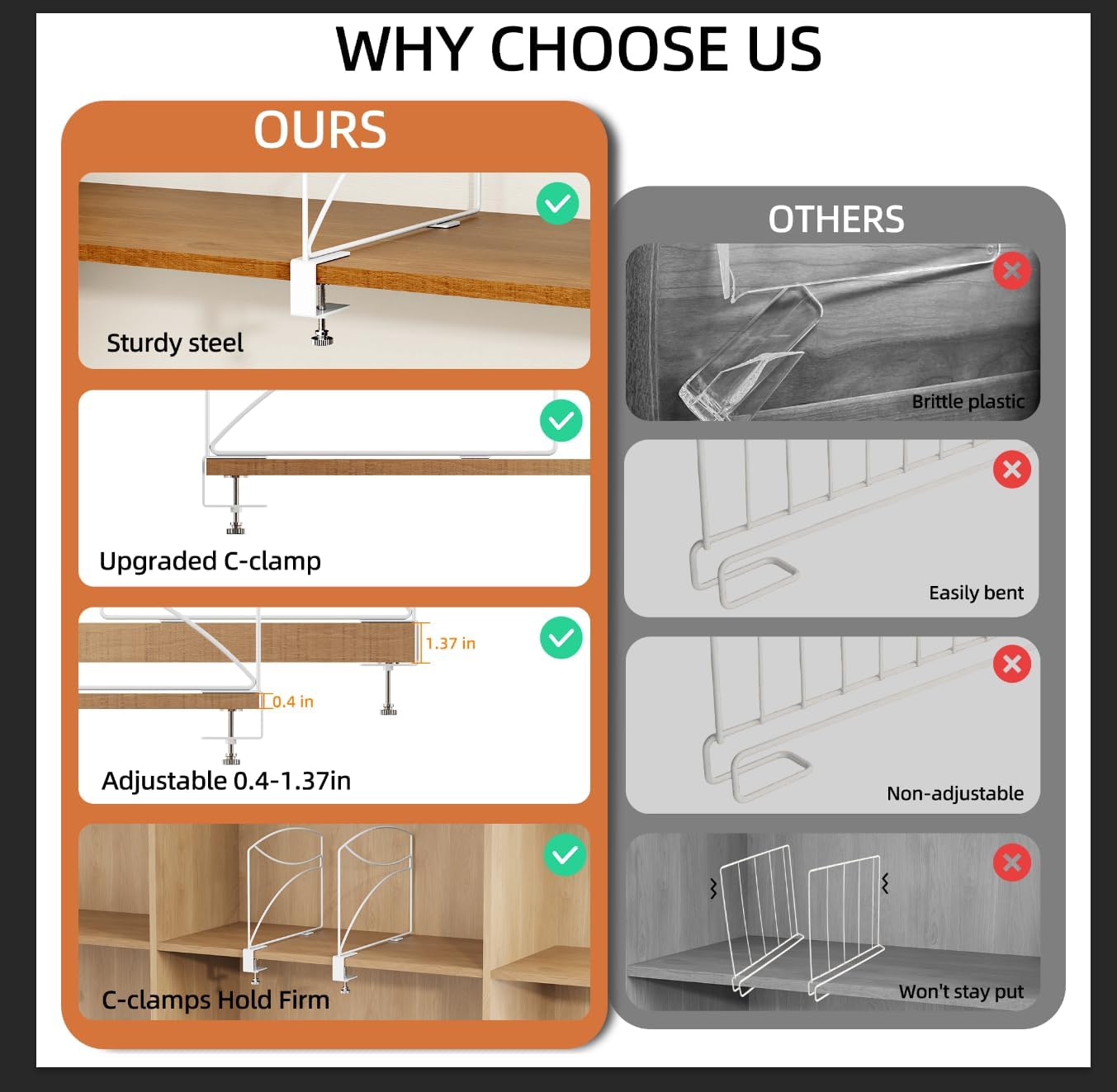 6-Piece Wire Shelf Dividers for Closet Organization, Upgraded C-Clips Adjustable Metal Shelf Dividers Suitable For Bedrooms & Kitchens, Storage Helper for Handbag Sweater Shirt Ankle Boots, White