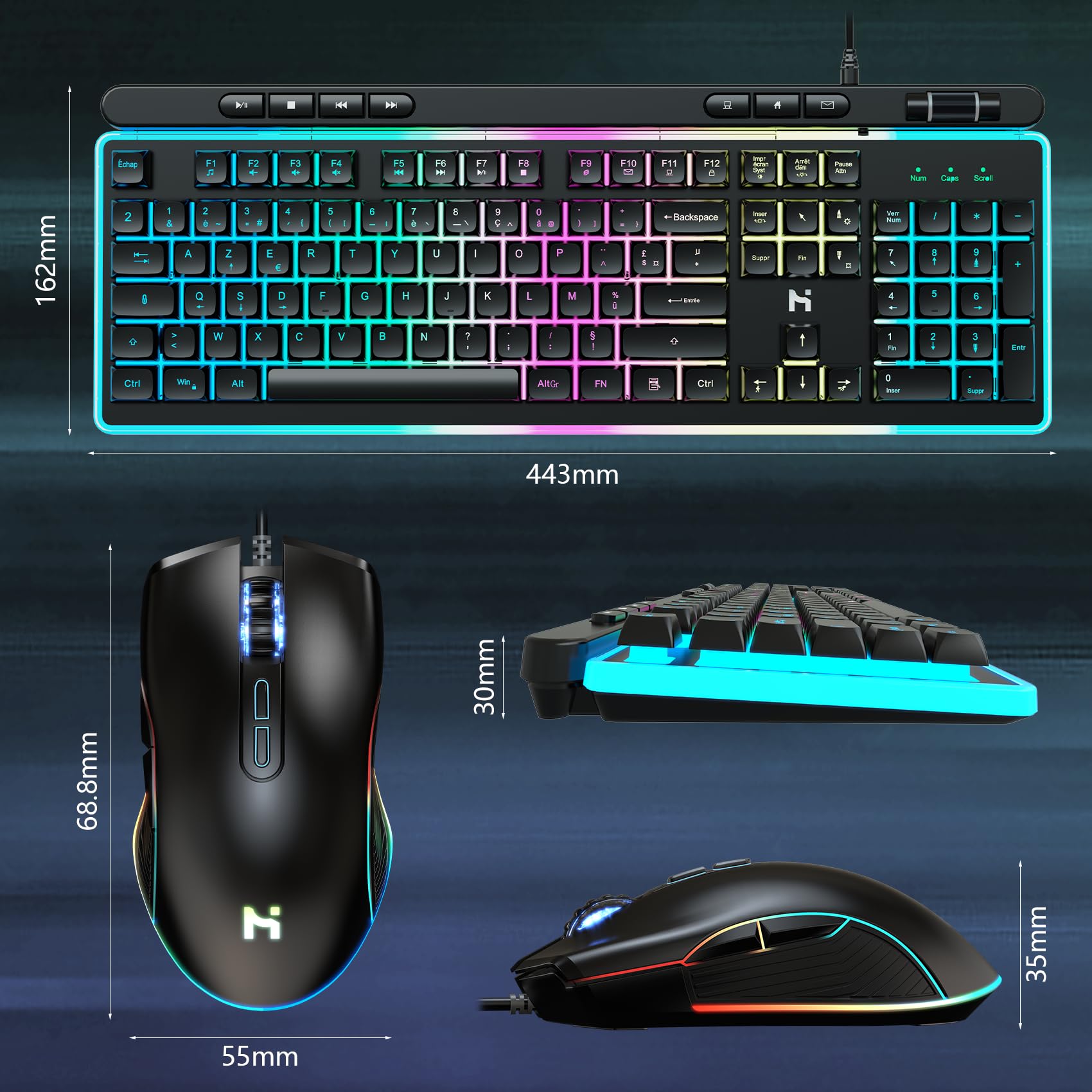HLONONE Pack Clavier Souris Gaming - Ergonomique Clavier Souris Gamer Filaire - Éclairage LED Arc-en-Ciel - Clavier Gamer AZERTY Rétroéclairé - Souris Gamer 7200 DPI - AZERTY FRANÇAIS-pour PC PS4 PS5